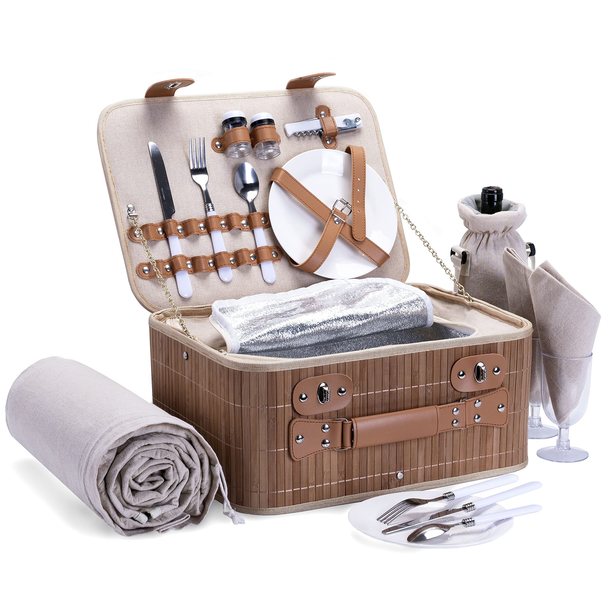 Picnic Basket Set For 2 With Waterproof Blanket Insulated Wine Pouch Hamper With Cutlery For Two Persons, Family,Couple,Camping,