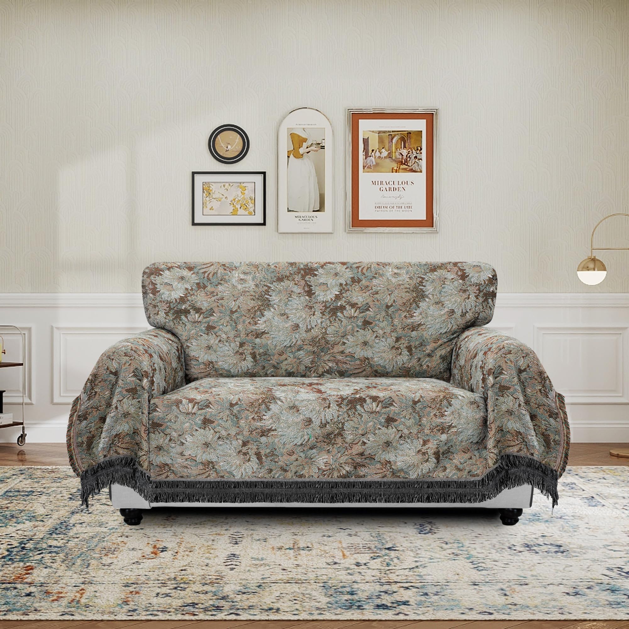 Purefit Geometric Jacquard Throw Sofa Cover - Textured Soft Washable Decorative Couch Covers For 3 Cushion Couch, Throw Cover With Tassels Furniture Protector For Pets, Kids (Medium, Flower Sage)