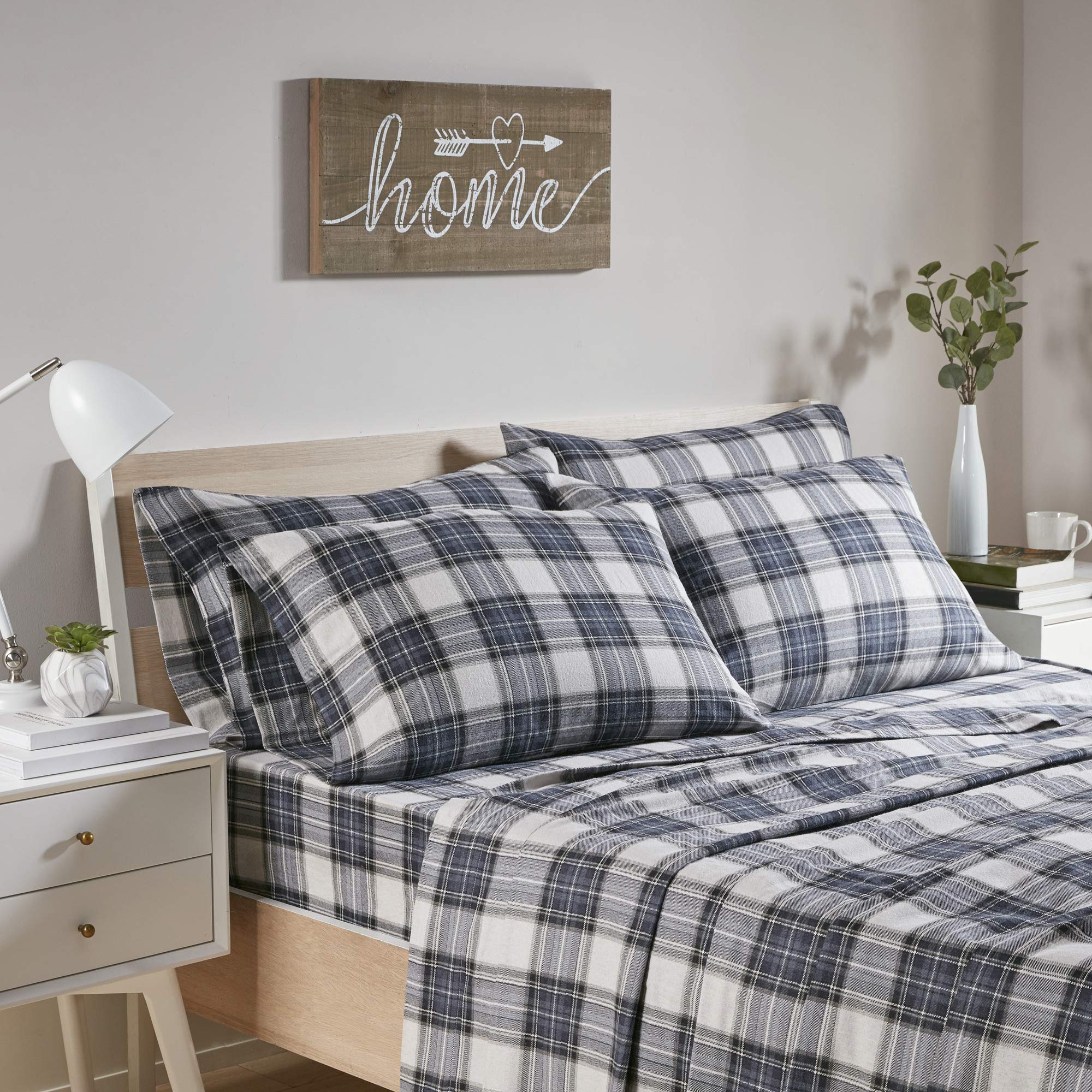 Comfort Spaces Cotton Flannel Breathable Warm Deep Pocket Sheets With Pillow Case Bedding, Cal King, Scottish Plaid Blue, 4 Piec