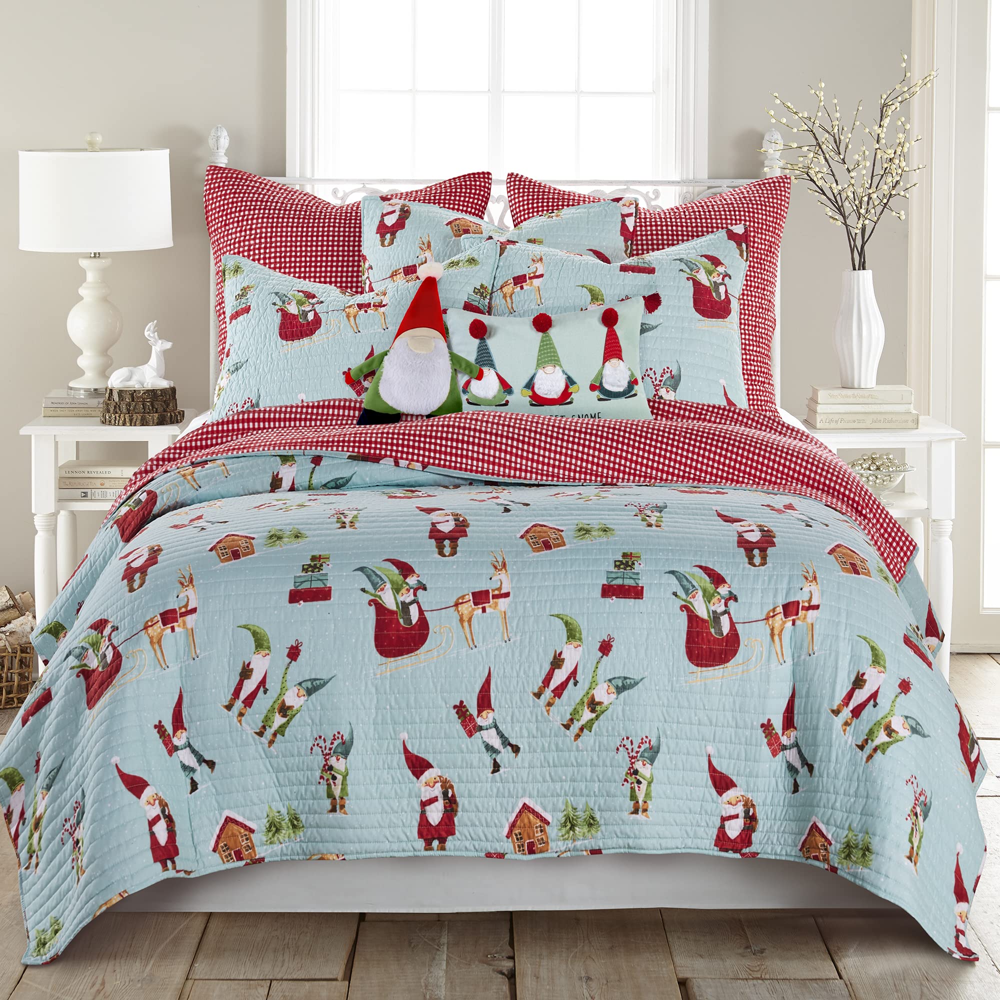 Levtex Home Merry & Bright Collecion - Gnome For The Holidays Quilt - King Holiday Quilt 102X86 - Christmas Gnomes - Red, White,