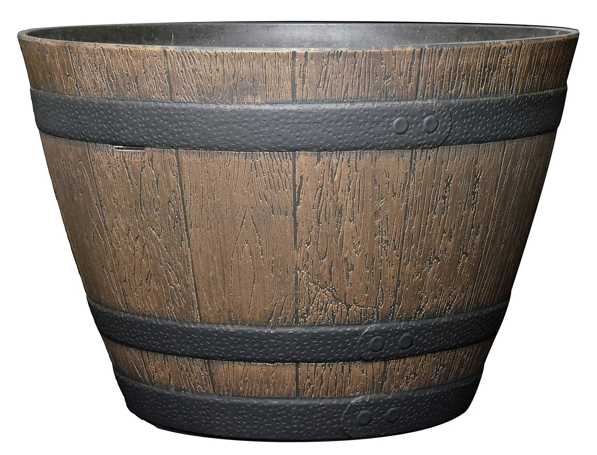 Classic Home And Garden Whiskey Plastic Resin Flower Pot Barrel Planter, Walnut Brown, 15'
