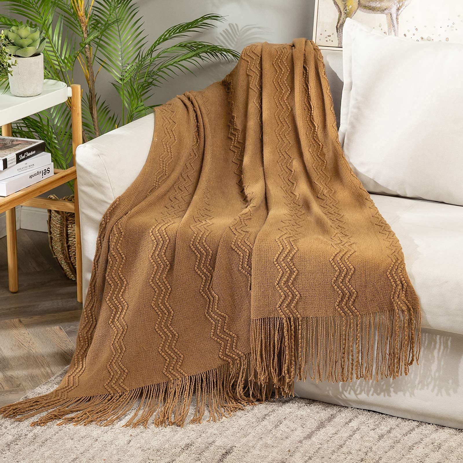Miulee Knitted Brown Throw Blanket For Couch,Boho Bed Decor Knit Outdoor Blankets Throw Size With Tassels Cozy Woven For Sofa Home Chair Wave Pattern 50' X 60' Inches