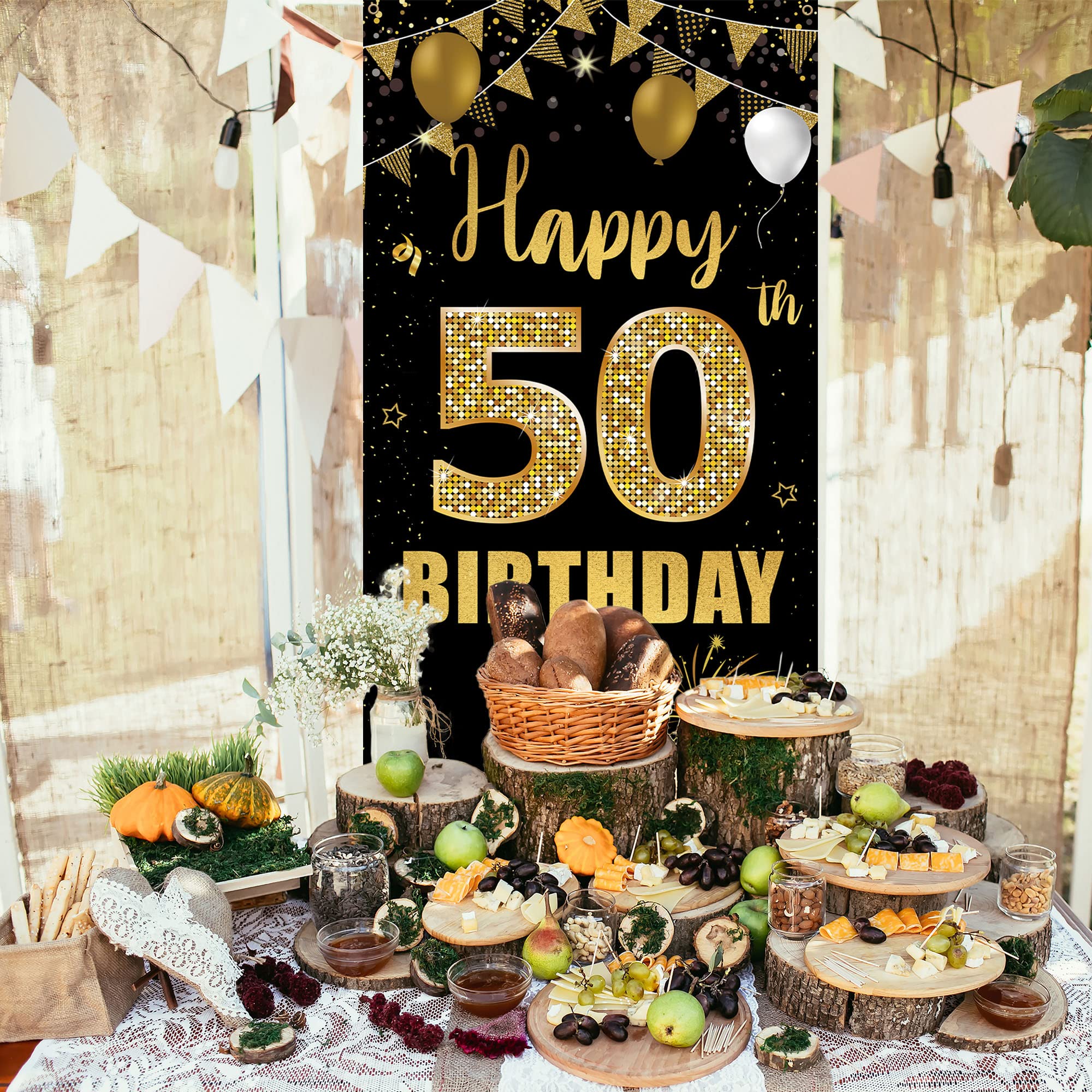 50Th Birthday Door Banner Backdrop, Black Gold Happy 50Th Birthday Decorations Women Men, 50 Years Birthday Photo Booth Props, F