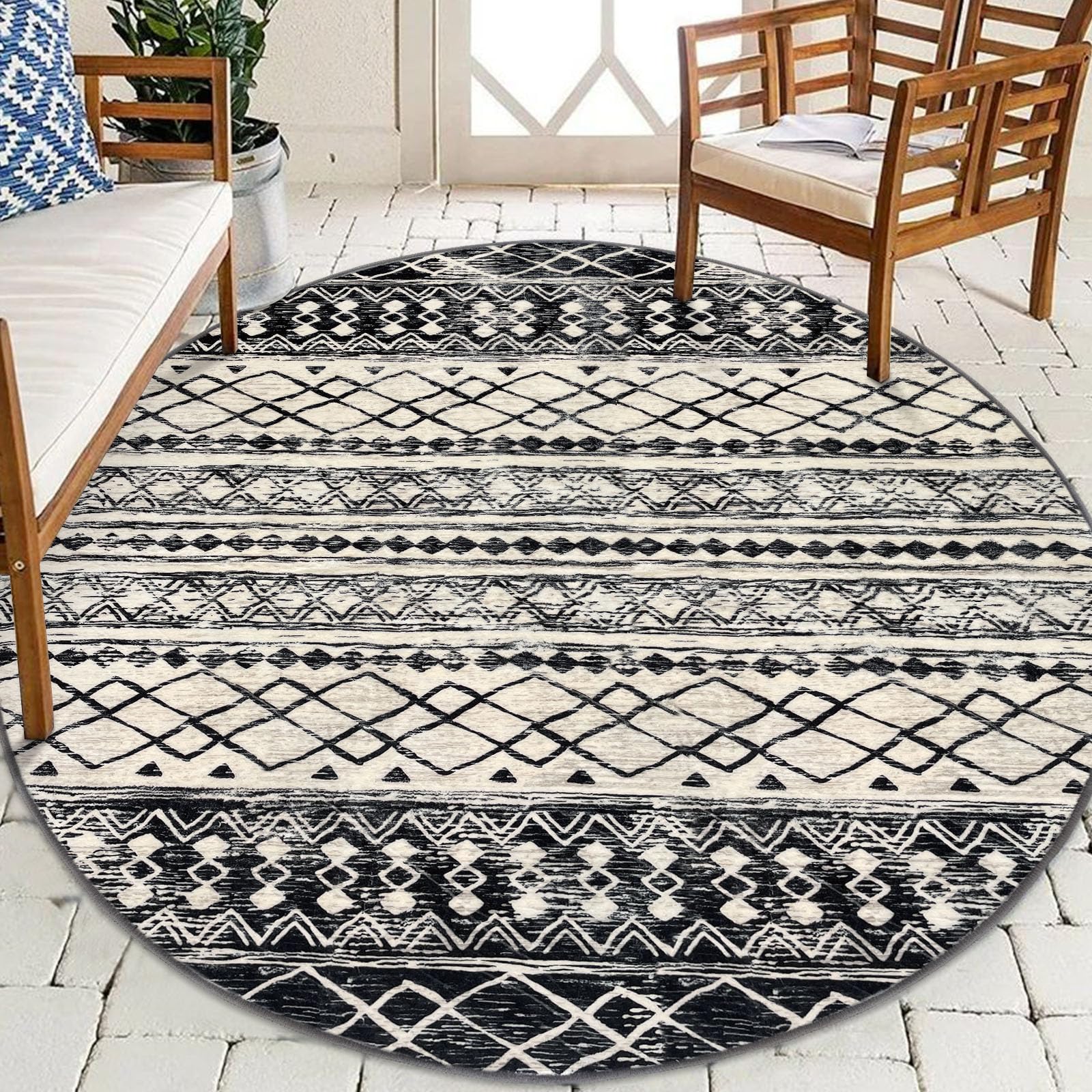 KUTA Washable Rug Round 5Ft Black Navy Blue Boho Round Area Rug for Living Room, Moroccan Non-Slip Soft Geometric Circle Rugs fo