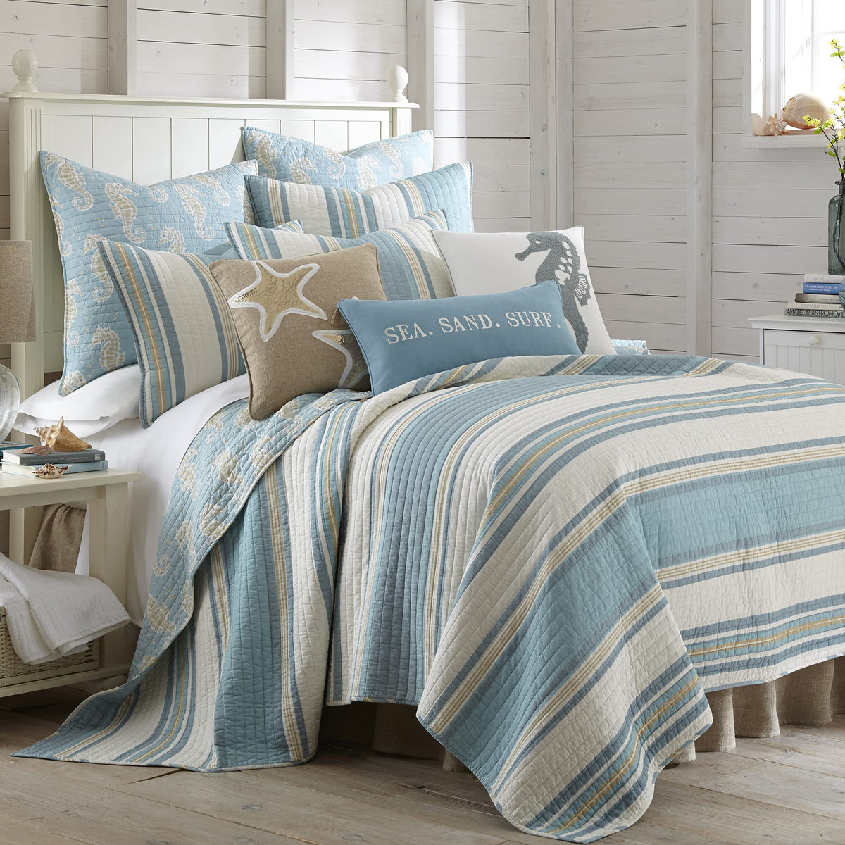 Levtex Home Blue Maui Quilt Set, King/Cal King Quilt + Two King Pillow Shams, Striped Coastal Design In Light Blue, Cream And Ta