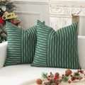 Kevin Textile Dark Green And Beige Farmhouse Striped Patchwork Linen Christmas Decorative Throw Pillows Covers 20X20, Set Of 2, Modern Accent Square Cushion Covers For Couch Chair Bedroom