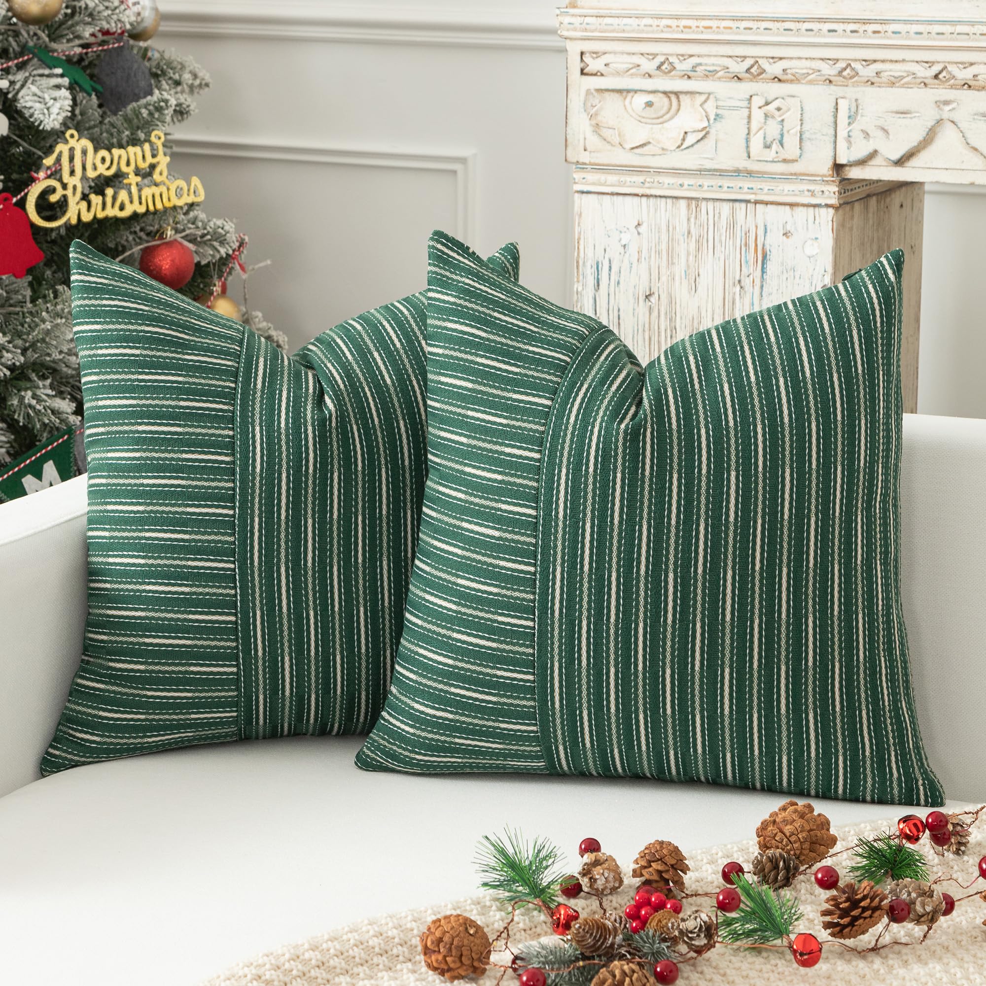 Kevin Textile Dark Green And Beige Farmhouse Striped Patchwork Linen Christmas Decorative Throw Pillows Covers 20X20, Set Of 2, Modern Accent Square Cushion Covers For Couch Chair Bedroom