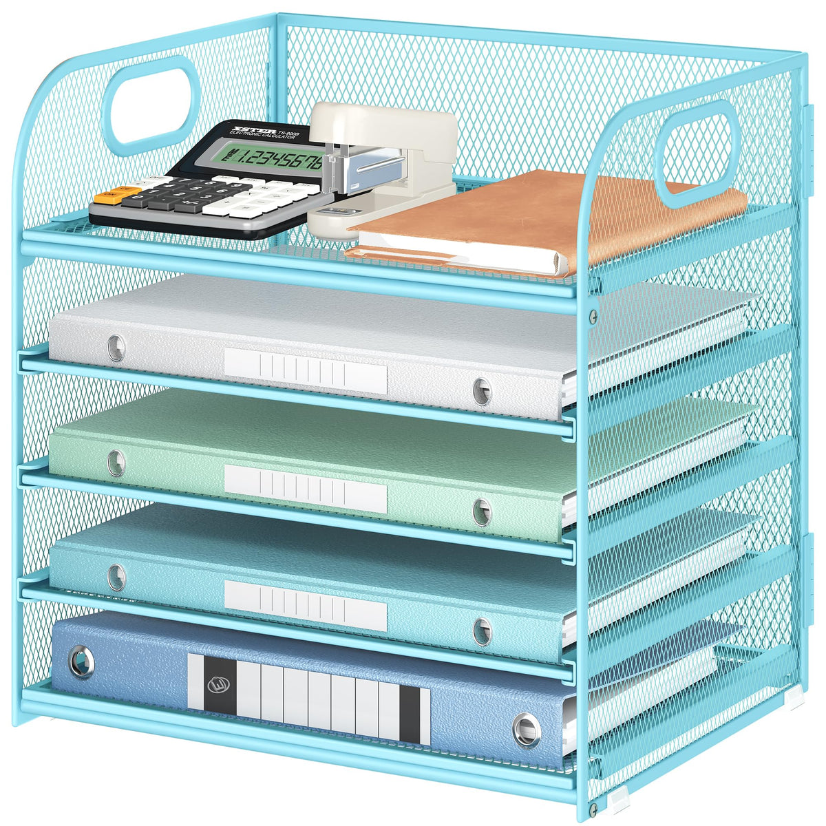 Lavatino 5-Tier Mesh Letter Tray With Handle - Blue Desktop Paper Organizer For Classroom And Office