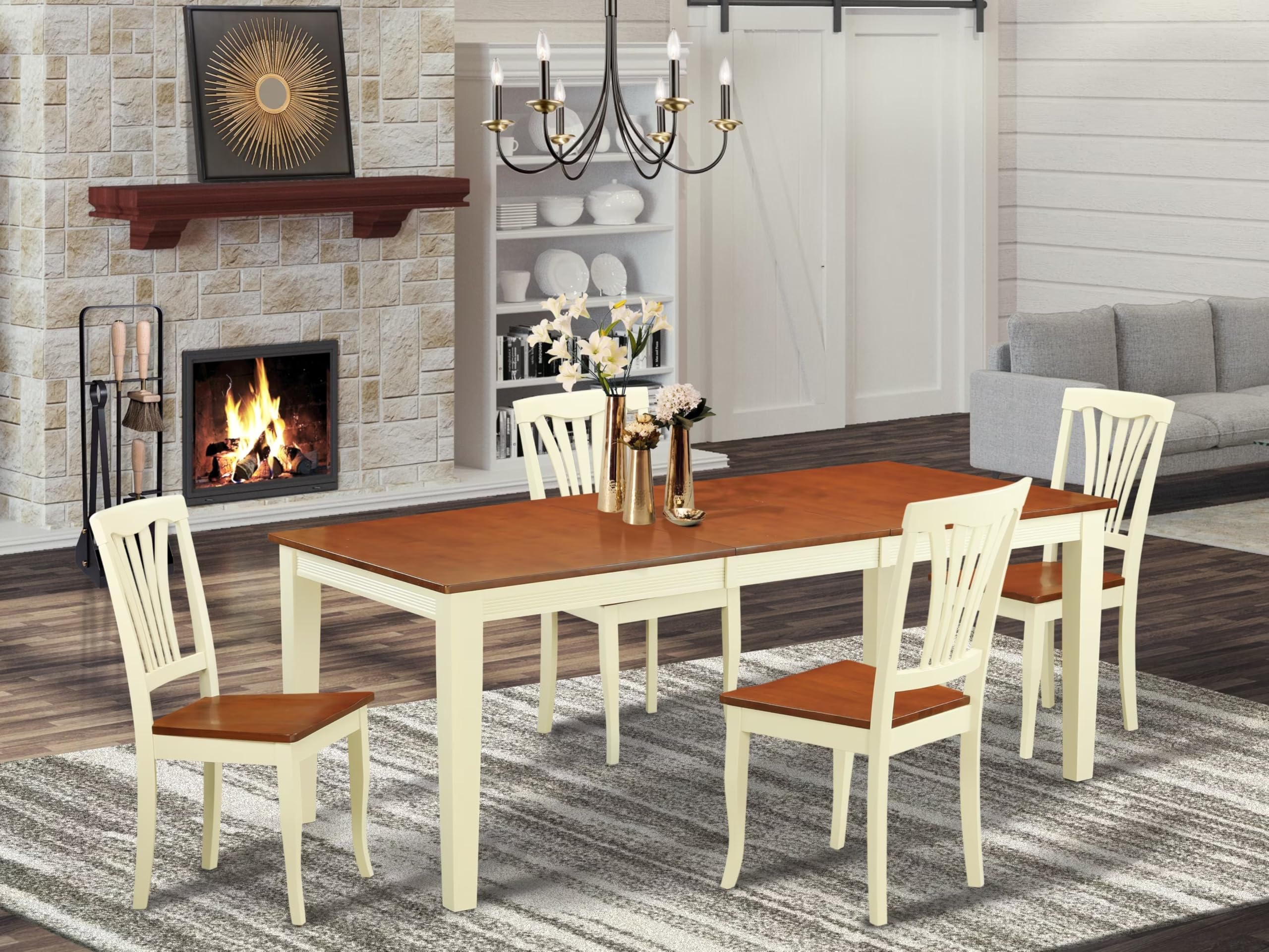 East West Furniture QUAV5-WHI-W 5 Piece Dining Room Table Set Includes a Rectangle Kitchen Table with Butterfly Leaf and 4 Dining Chairs, 40x78 Inch, Buttermilk & Cherry