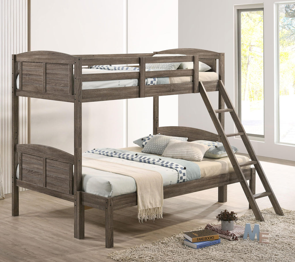 Coaster Home Furnishings Flynn Farmhouse Wood Twin Over Full Size Bunk Bed Frame with Ladder and Guardrails Fully Slatted Mattress Ready Foundation Weathered Brown 400809
