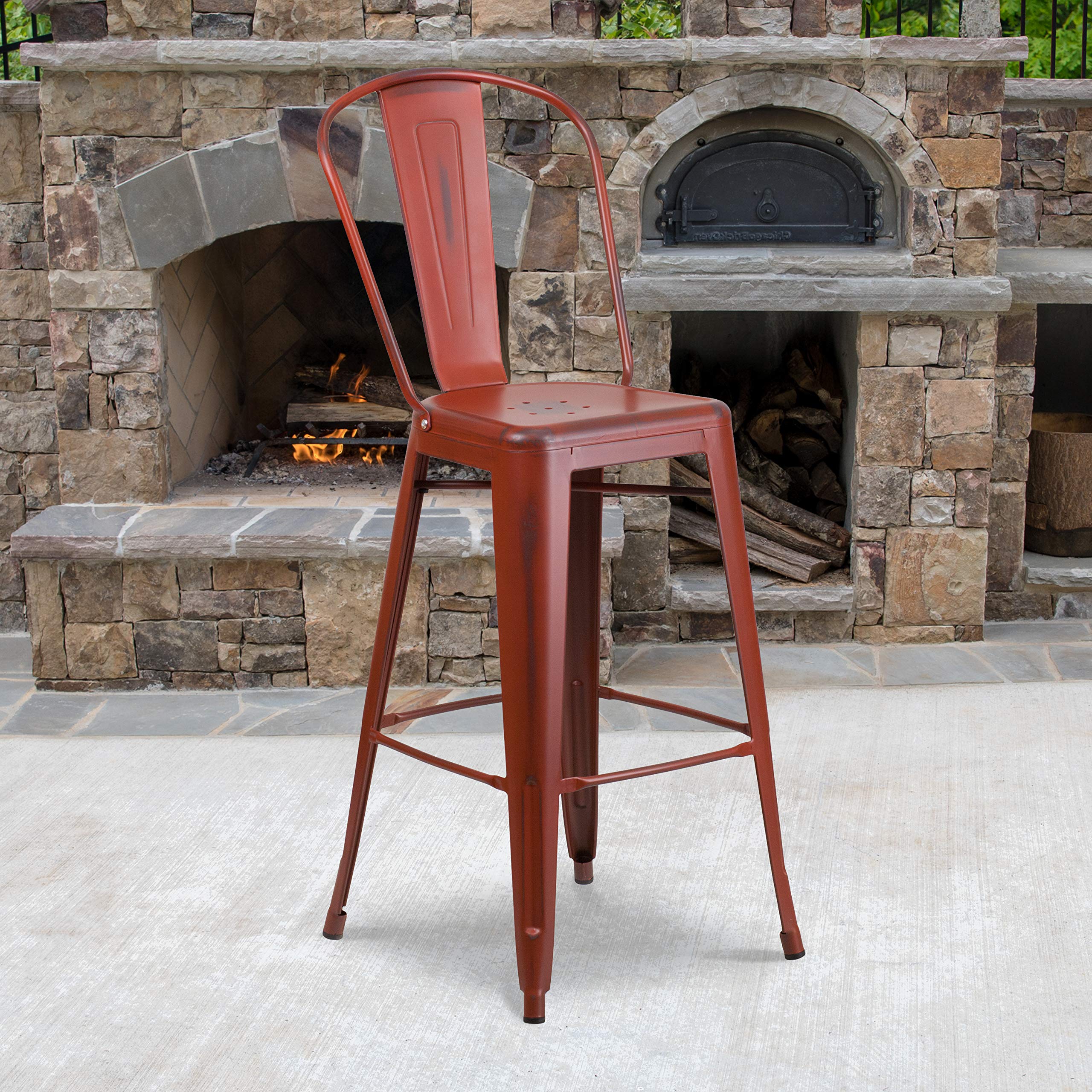 Flash Furniture Commercial Grade 30' High Distressed Kelly Red Metal Indoor-Outdoor Barstool With Back