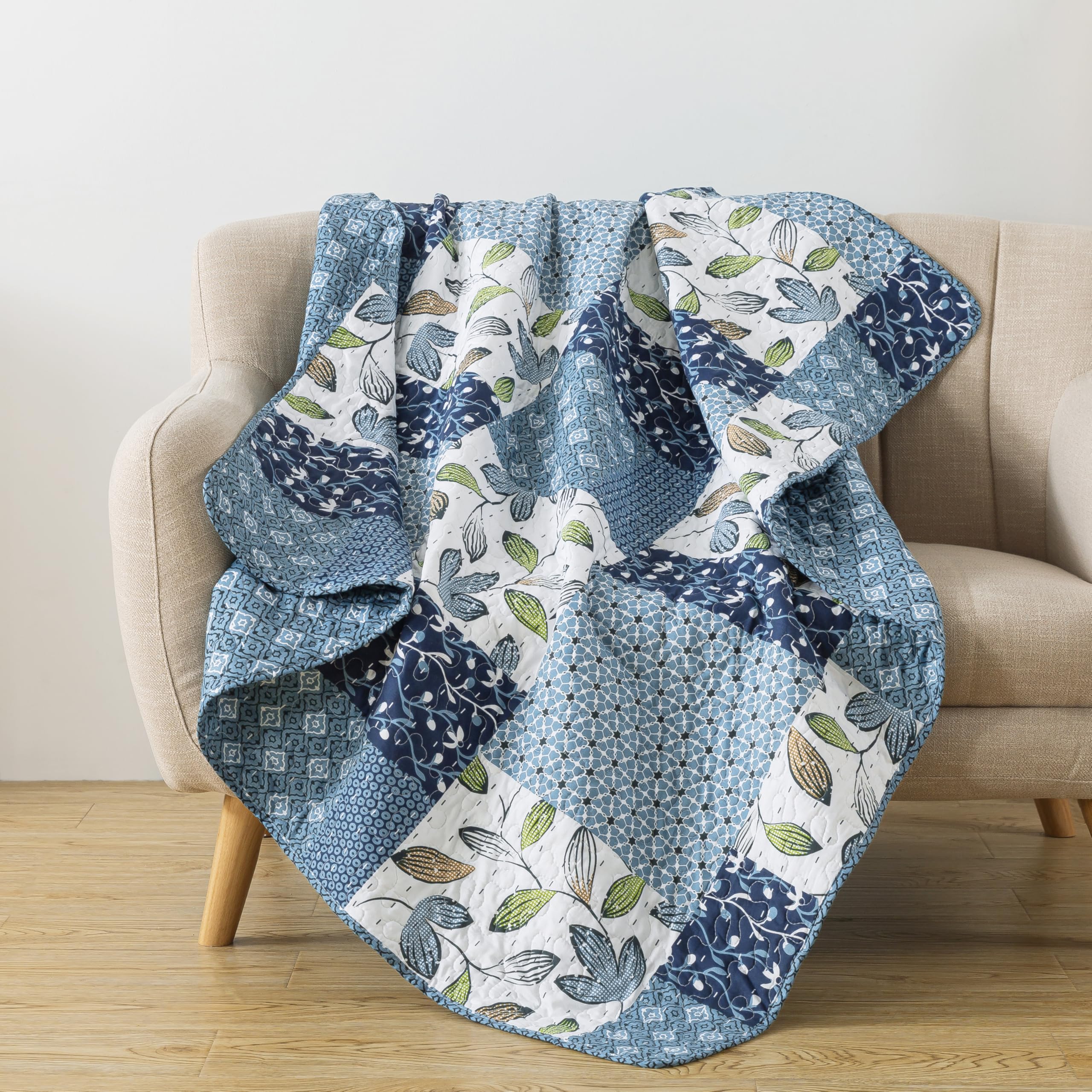 Slpr Pacific Coast 50' X 60' Quilted Throw Blanket, Blue And White Floral Patchwork Throw Quilt For Couch And Bed, Lightweight