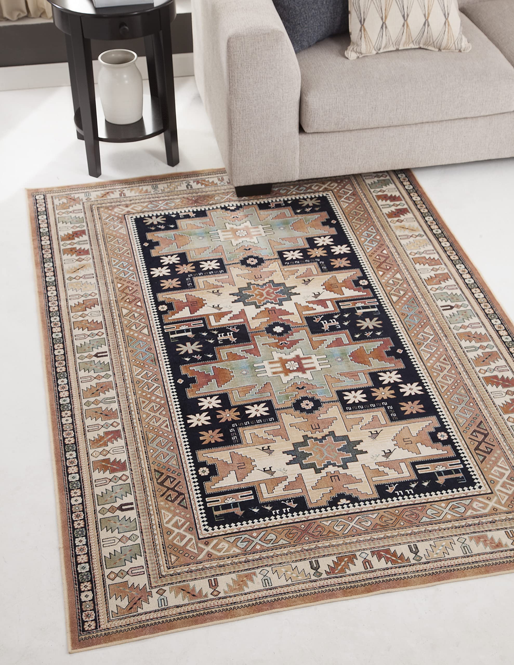 Abaqcasa Sonoma Gypsy Rust, Black, Ivory, Aqua Viscose Area Rug, 3'2" X 4'6"