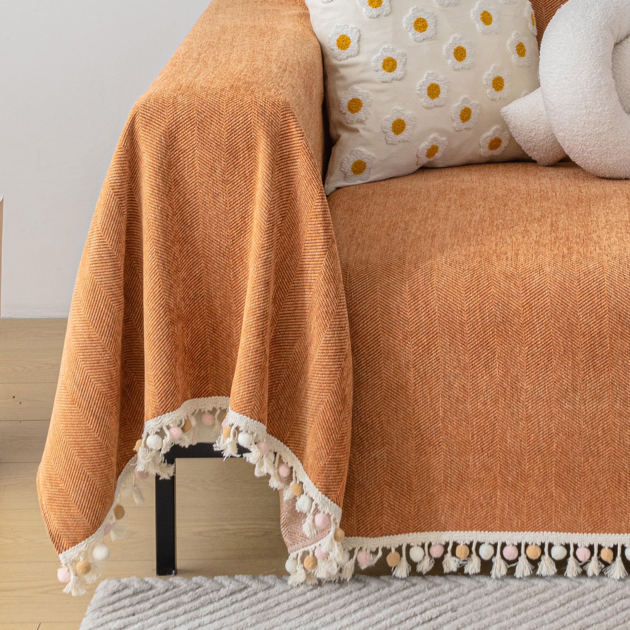 Handontime Dark Orange Sofa Covers Couch Cover For Dogs Colorful Tassel Sofa Seat Cover Lovetseat Cover Pet Couch Cover Bohemian Sofa Cover For Couch Vintage Boho Couch Covers Futon Cover, 71' X134'
