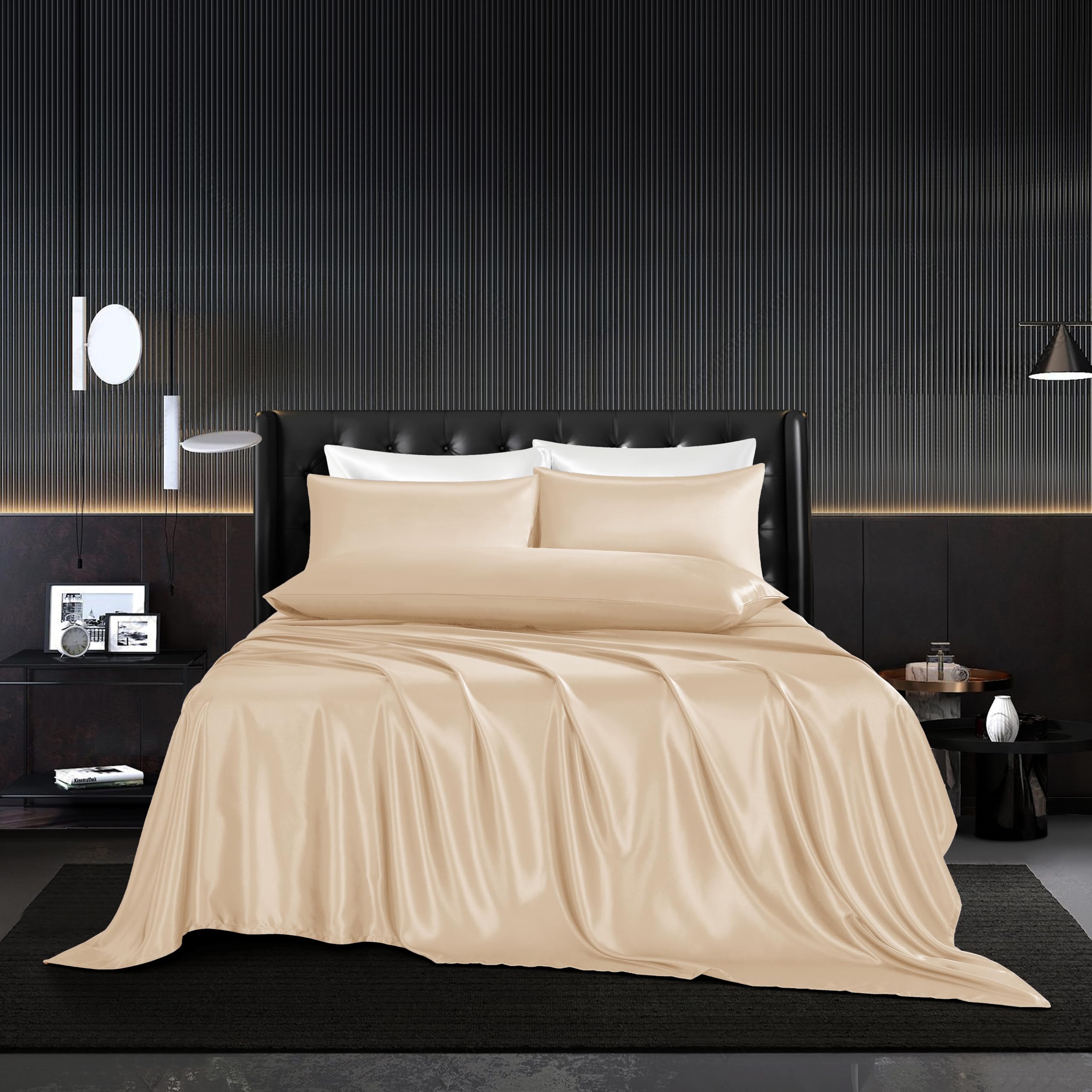 Hommxjf 5Pcs Champagne Silk Sheets King Satin Sheets Set King Size Sheets Silky Comforter Bedding Sheets With 1 Satin Flat Sheet