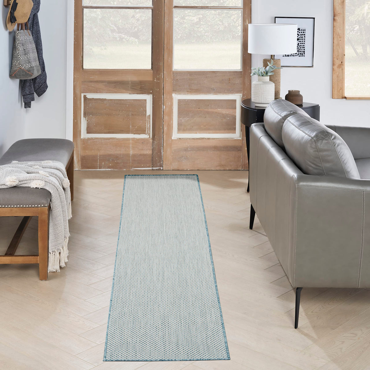 Nourison Courtyard Indoor/Outdoor Ivory/Aqua 2'2' X 10' Area Rug, Easy Cleaning, Non Shedding, Bed Room, Living Room, Dining Ro