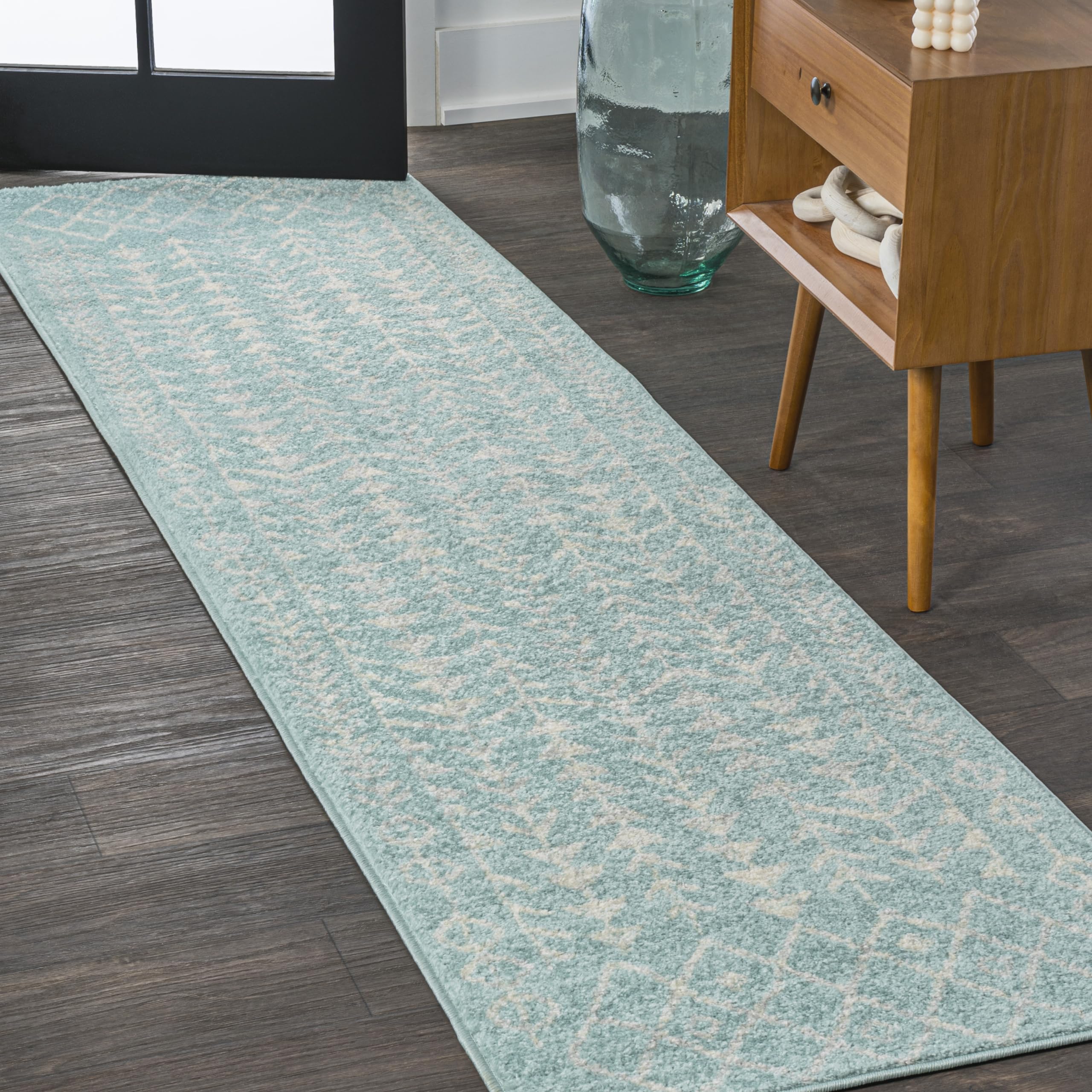 JONATHAN Y MOH210E-28 Ziri Moroccan Geometric Turquoise/Cream 2 ft. x 8 ft. Runner Rug, Bohemian, Scandinavian, Minimalistic for