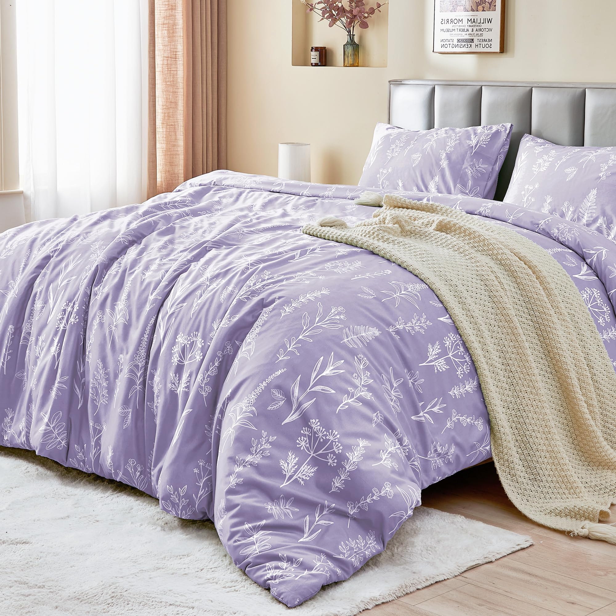 Muxhomo Duvet Cover King Size, Reversible Floral Lavender Duvet Cover Set With Zipper Closure, 3 Pieces Botanical Patterns Soft