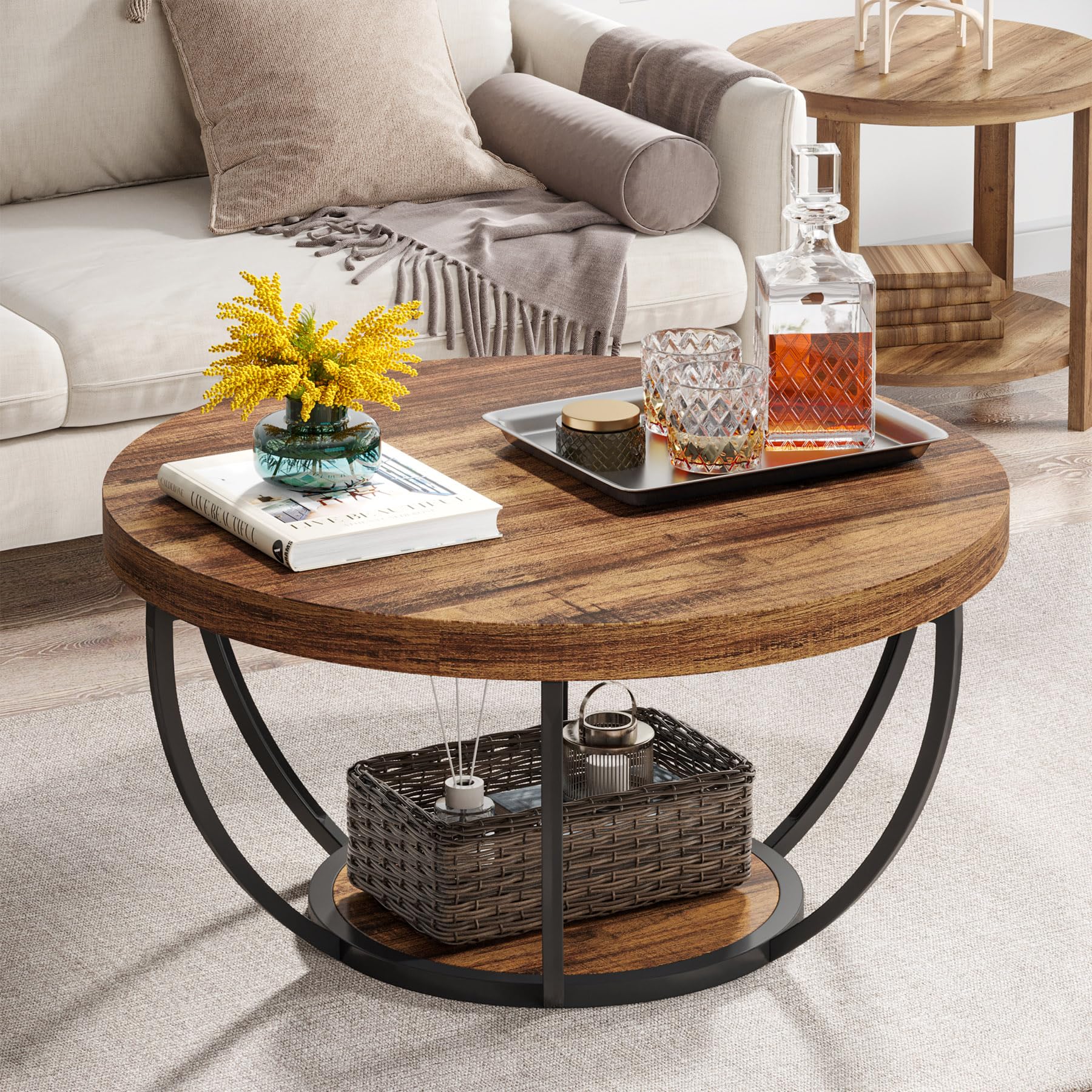 Tribesigns Round Coffee Table, Industrial 2-Tier Circle Coffee Table with Storage Shelves, Modern 31.7'' Wooden Accent Center Ta
