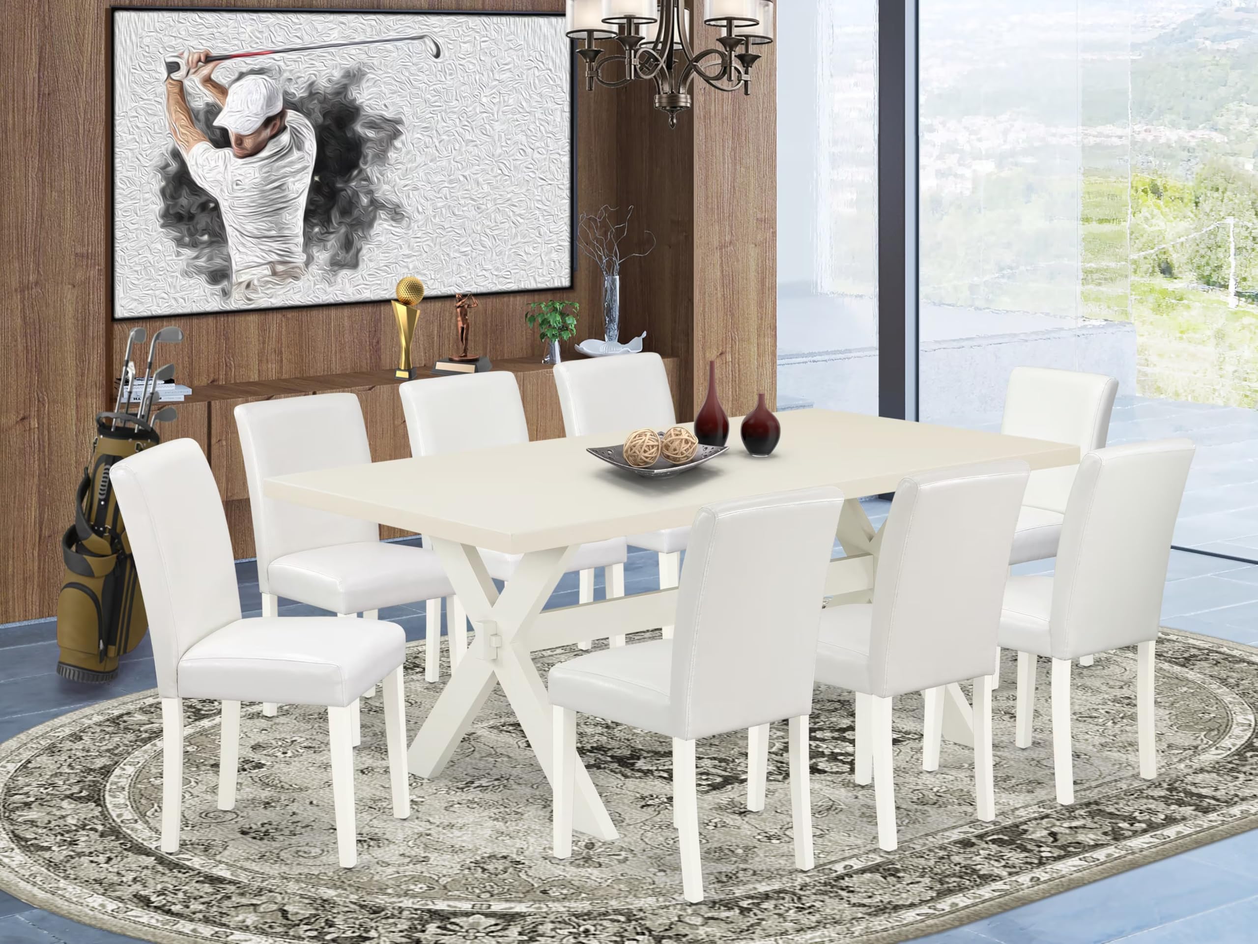 East West Furniture X027Ab264-9 9 Piece Dining Set Includes A Rectangle Dining Room Table With X-Legs And 8 White Faux Leather Upholstered Parson Chairs, 40X72 Inch, Multi-Color