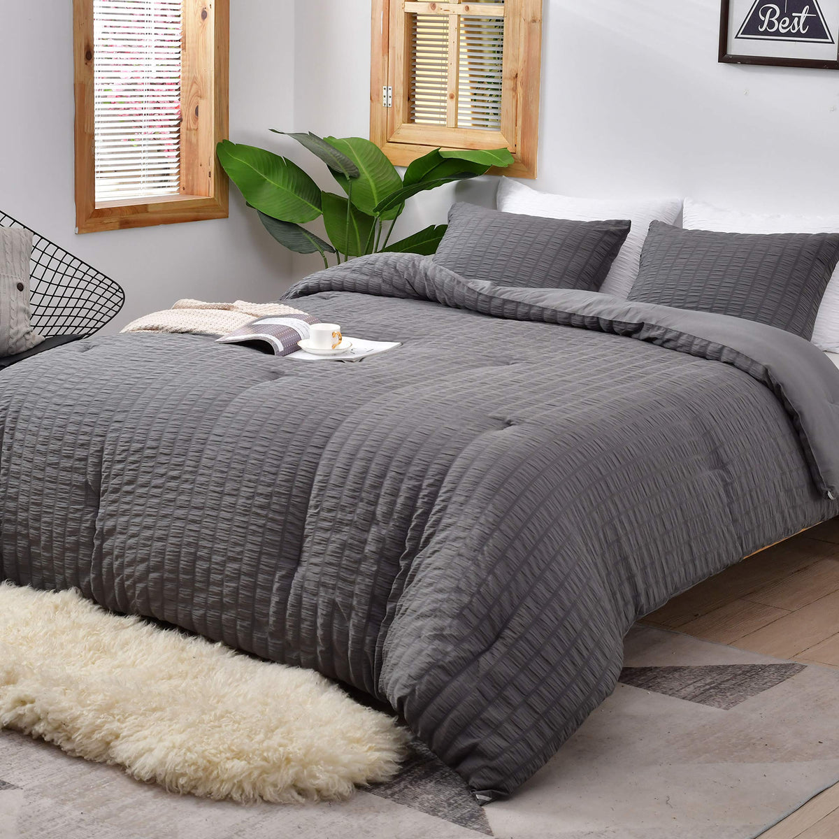Avelom Seersucker Queen Comforter Set (90X90 Inches), 3 Pieces- 100% Soft Washed Microfiber Lightweight Comforter With 2 Pillowc