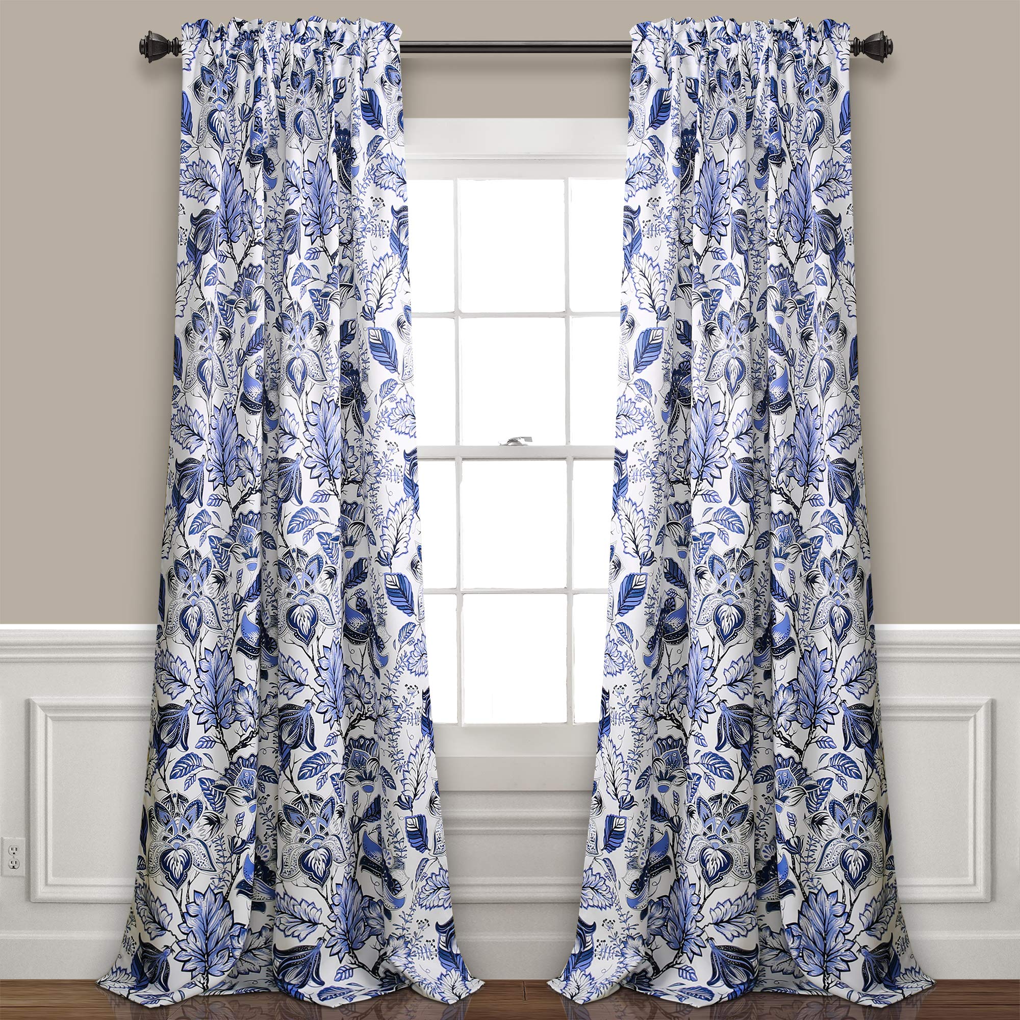 Lush Decor Cynthia Jacobean Light Filtering Window Curtain Set, 84' L Panel Pair, Blue, 2 Count