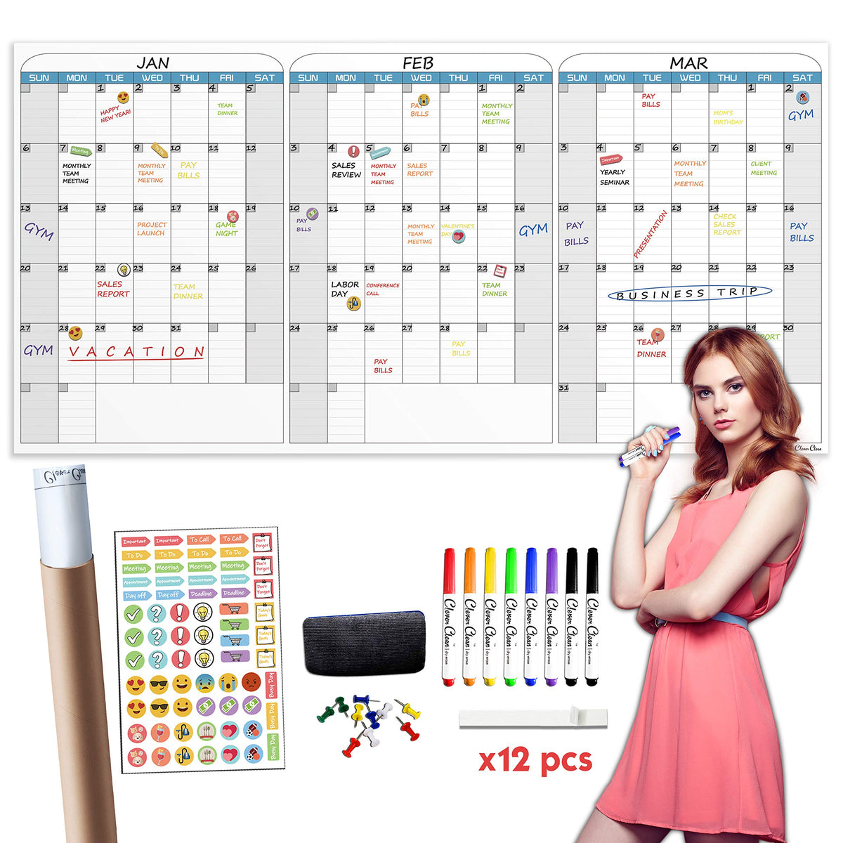 Clever Clean Large Dry Erase Wall Calendar - 36'X72' Undated 3-Month Calendar For Home, School, Office Projects - Jumbo Reusab