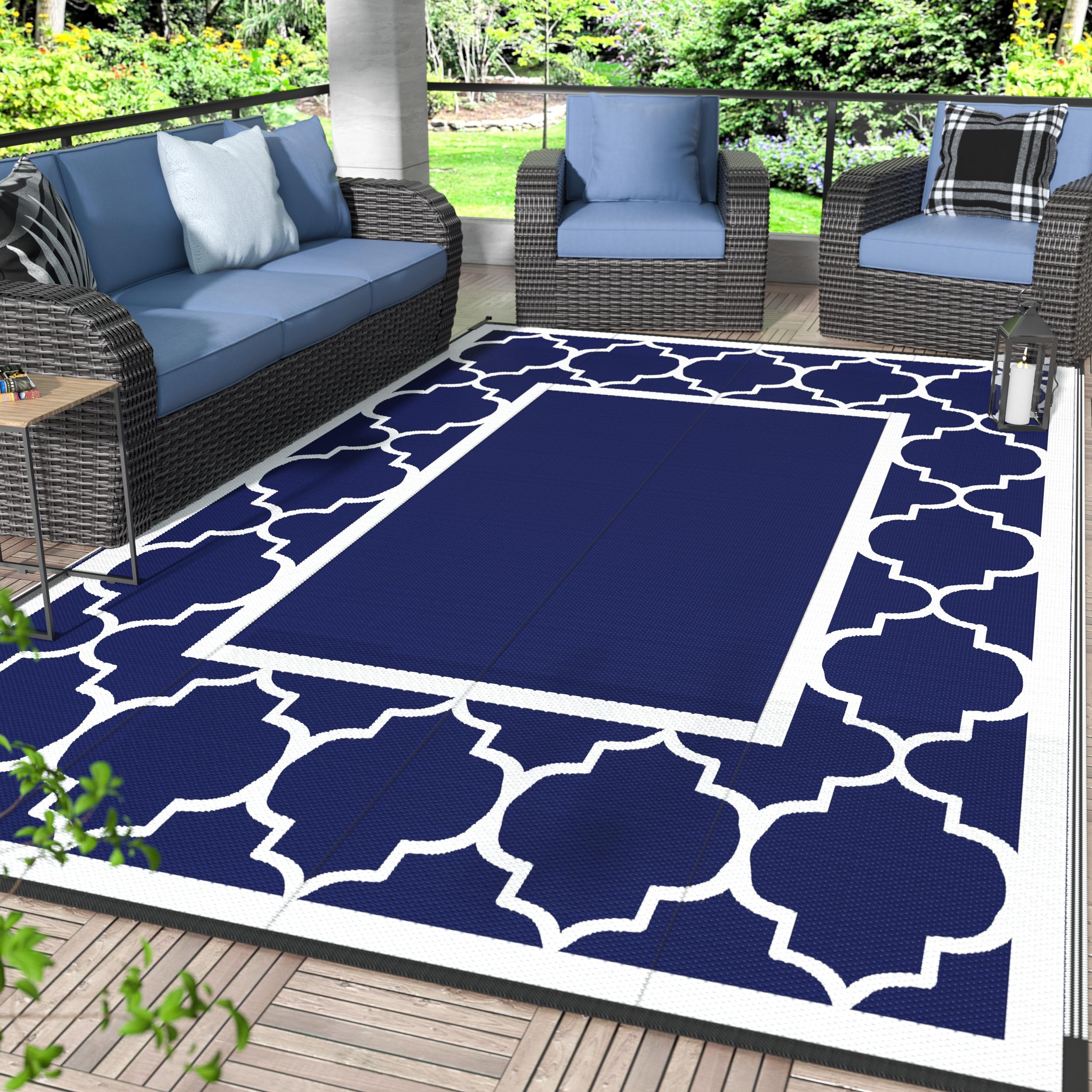 Genimo 5'X8' Outdoor Rug For Patio,Reversible Plastic Waterproof Rugs,Clearance Mat,Rv,Camping,Deck,Porch,Camper,Balcony,Blue &