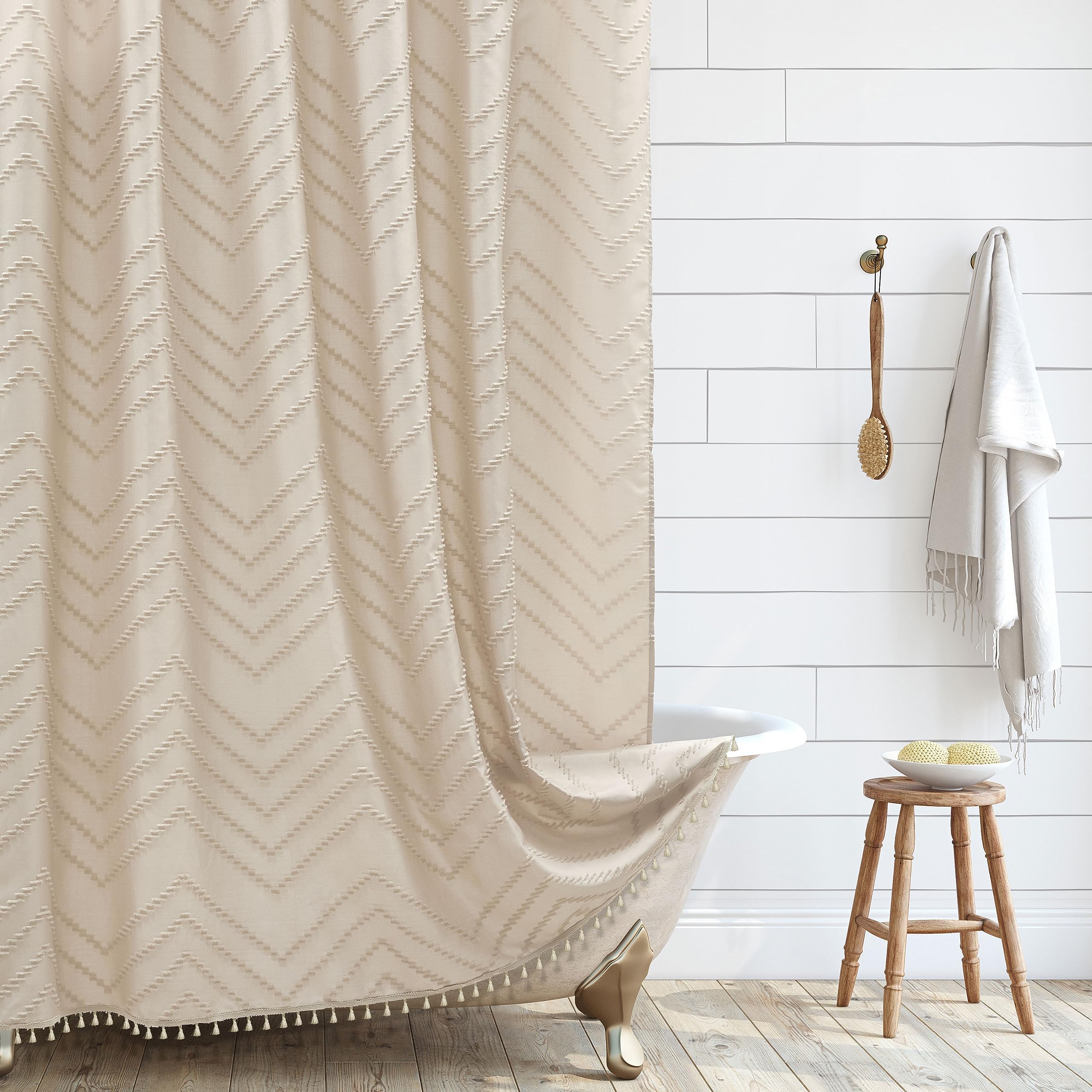 Siiluminisoy Boho Farmhouse Shower Curtain Woven Fabric Cute Beige Shower Curtain, 60 X 72 Tufted Chevron Textured Striped Moder