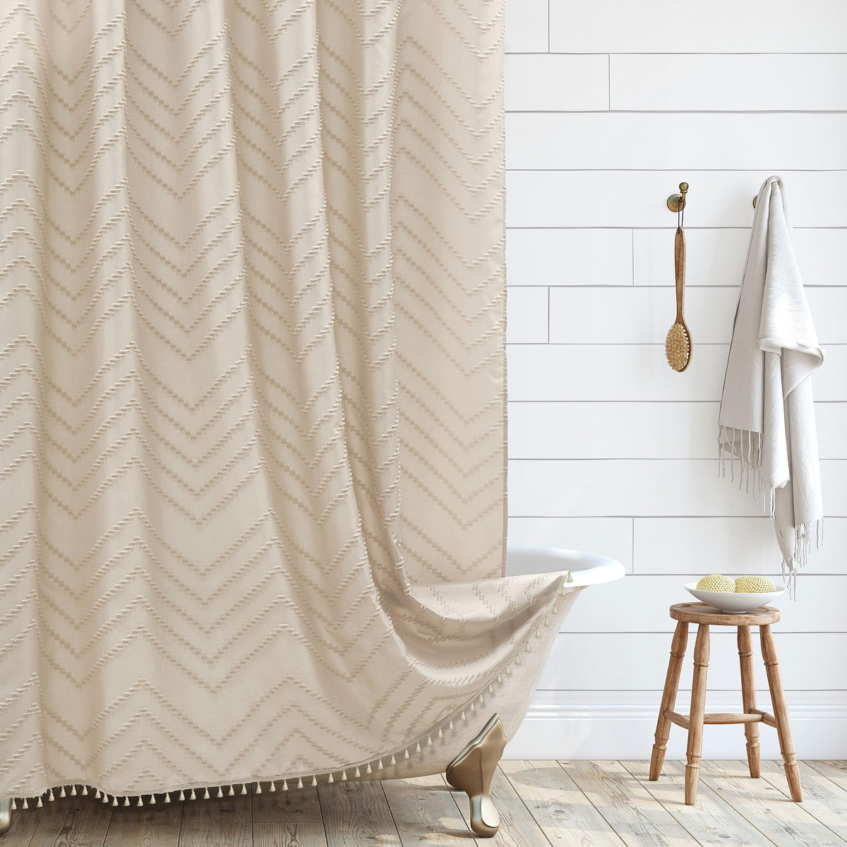 Siiluminisoy Boho Farmhouse Shower Curtain Woven Fabric Cute Beige Shower Curtain, 72 X 72 Tufted Chevron Textured Striped Moder
