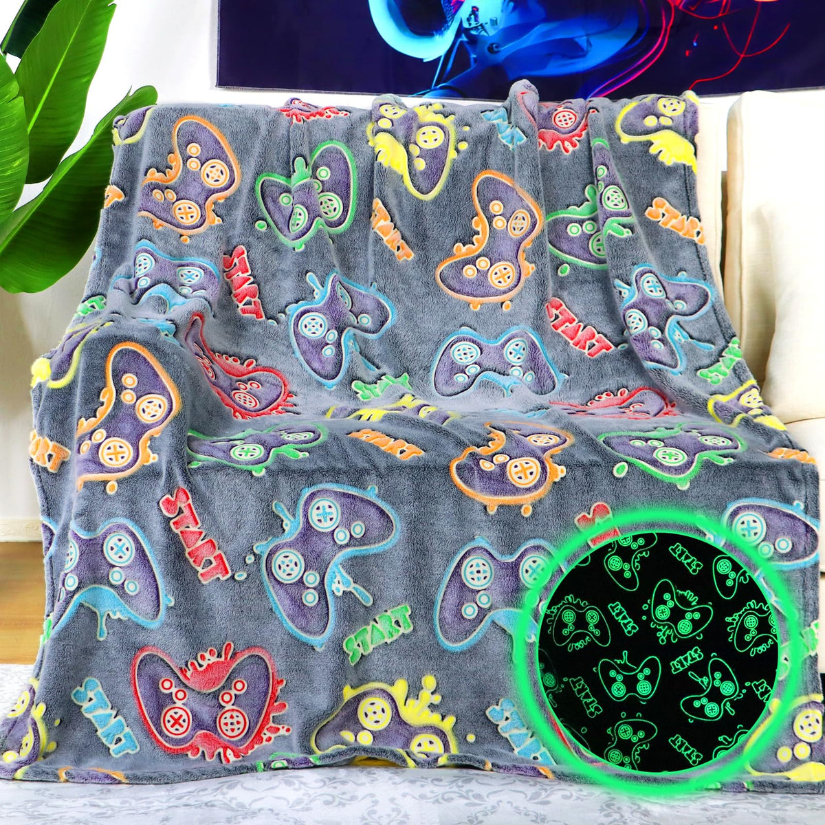 KIVEE Gamer Gifts for Teen Boys Glow in The Dark Blanket for Boys 7 8 9 10 11 12 13 14 15 16 17 18 Year Old Gaming Accessories G