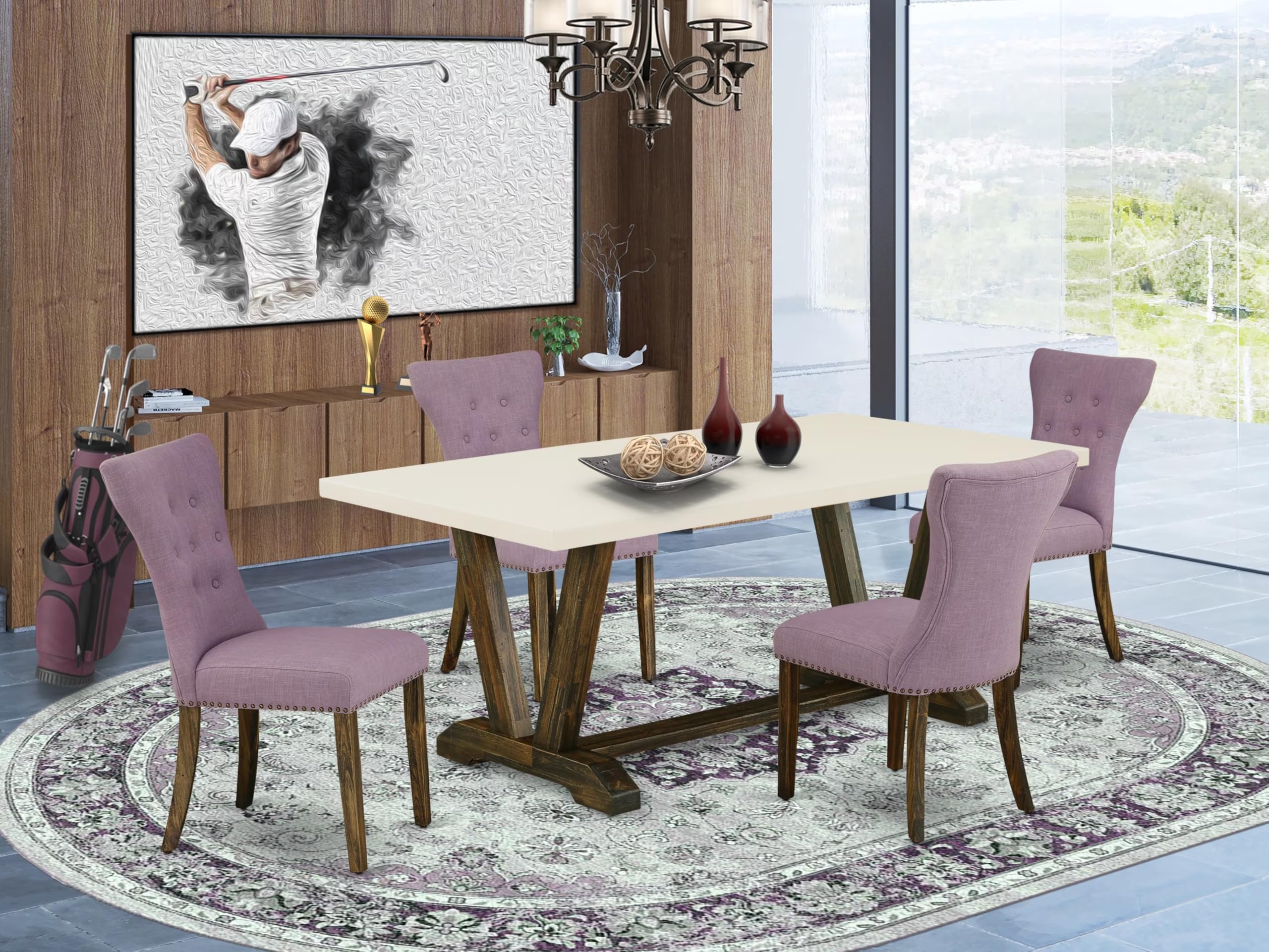 East West Furniture V727Ga740-5 5 Piece Kitchen Table & Chairs Set Includes A Rectangle Dining Room Table With V-Legs And 4 Dahlia Linen Fabric Parsons Chairs, 40X72 Inch, Multi-Color