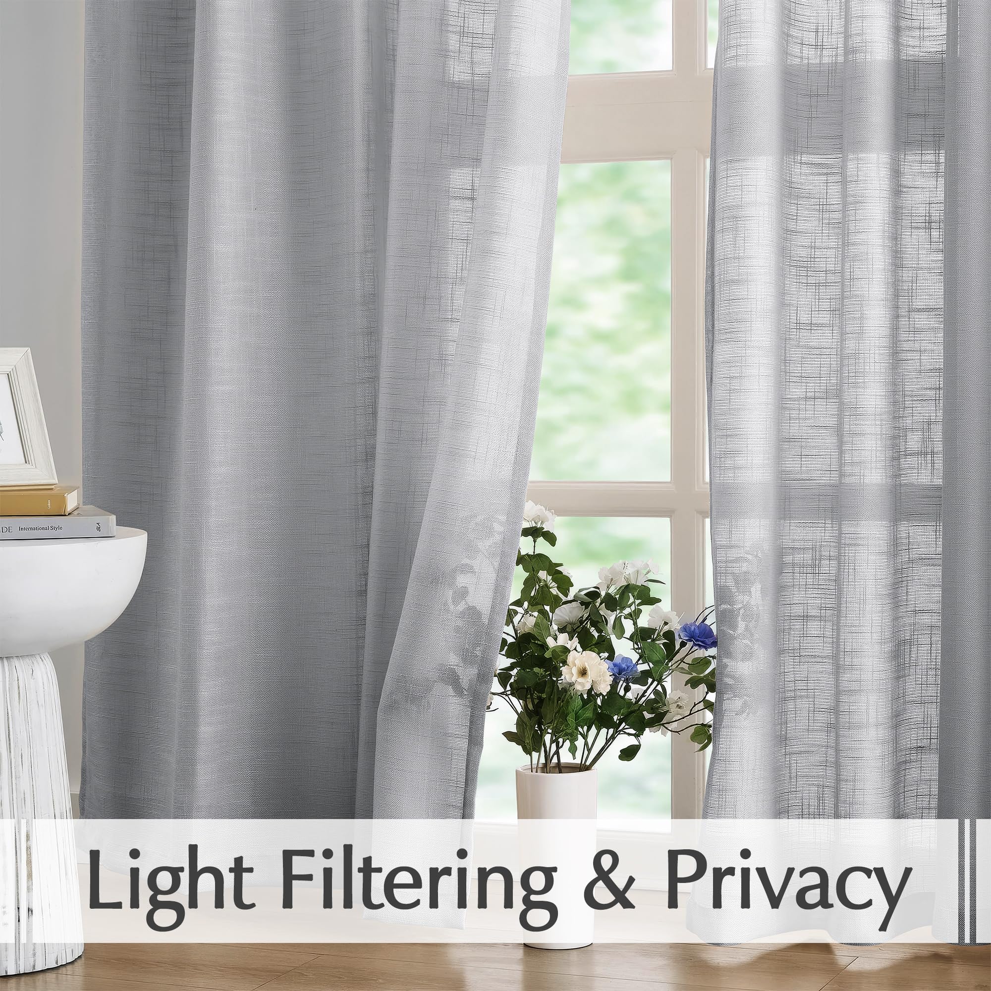Fmfunctex Linen Semi Sheer Curtains 54 Inch Length For Bedroom Living Room, Grey Curtain Panels Sheer Linen Textured Window Drap