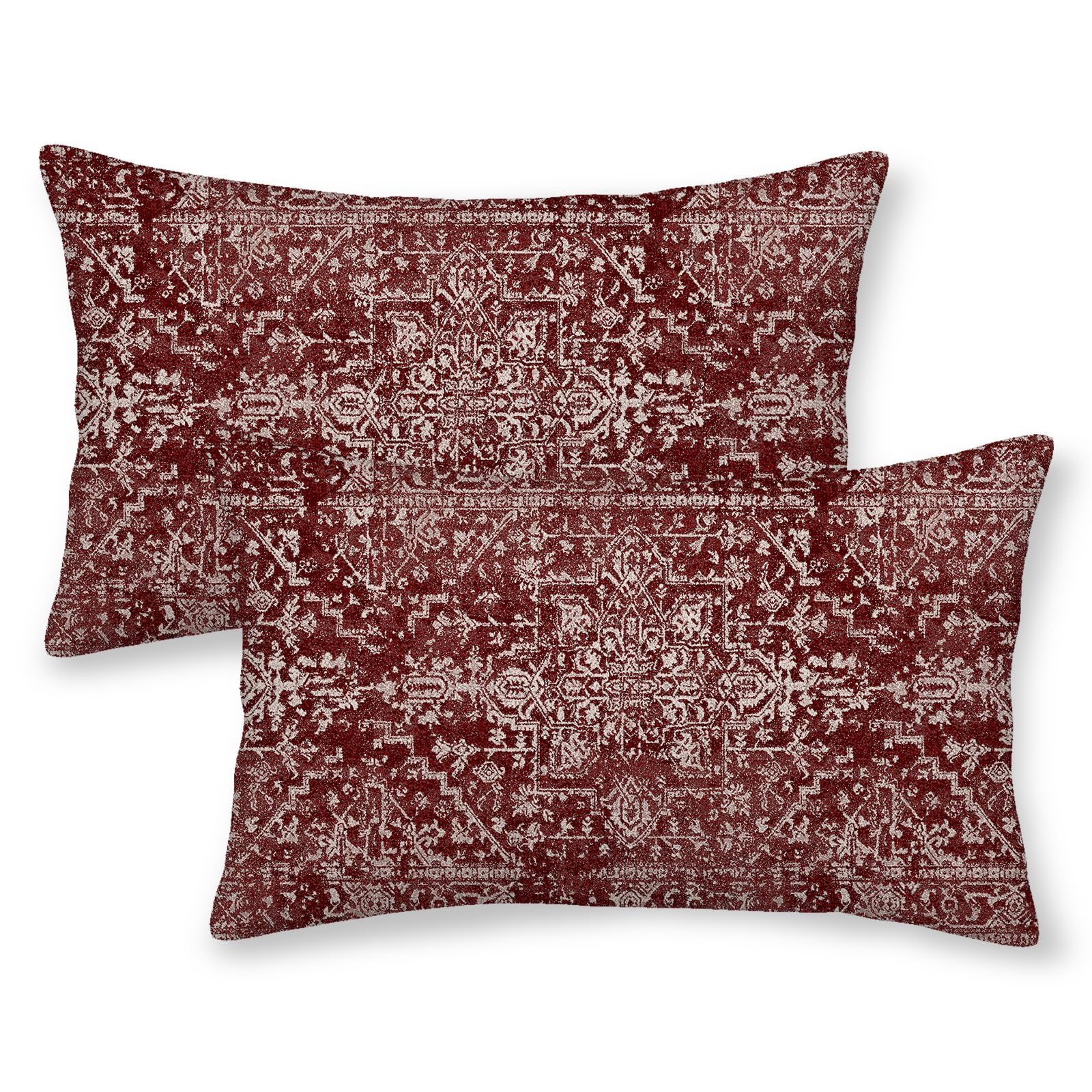 Boho Pillow Covers 12X20 Set Of 2, Burgandy Red Carpet Pattern Decorative Throw Pillows Linen Ethnic Design Bohemian Farmhouse C