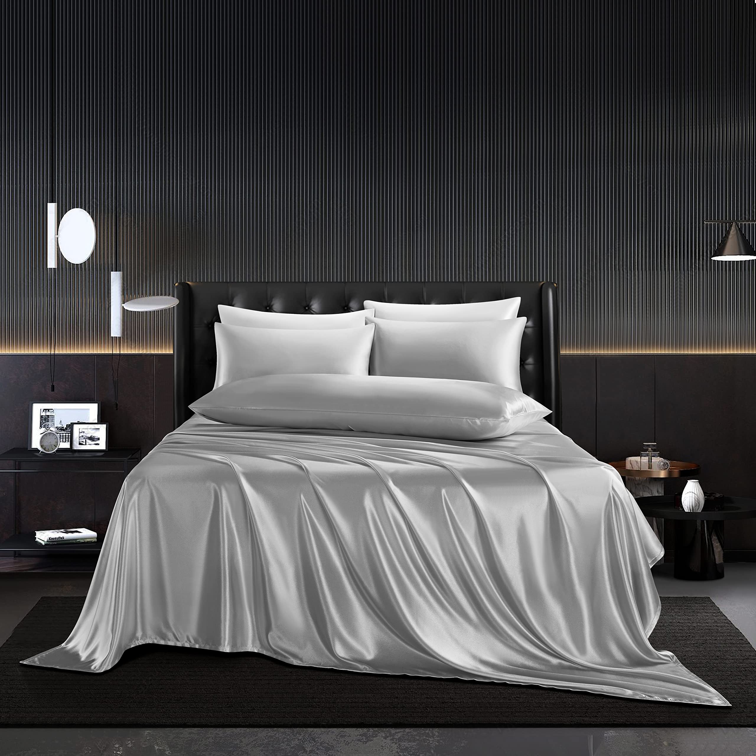 Hommxjf 5Pcs Satin Sheets Set Queen Size Sheets Light Gray Sheets Silky Breathable Luxury Bedding Sheets With 1 Satin Flat Sheet