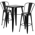 Flash Furniture Commercial Grade 23.75" Square Black Metal Indoor-Outdoor Bar Table Set with 2 Stools with Backs