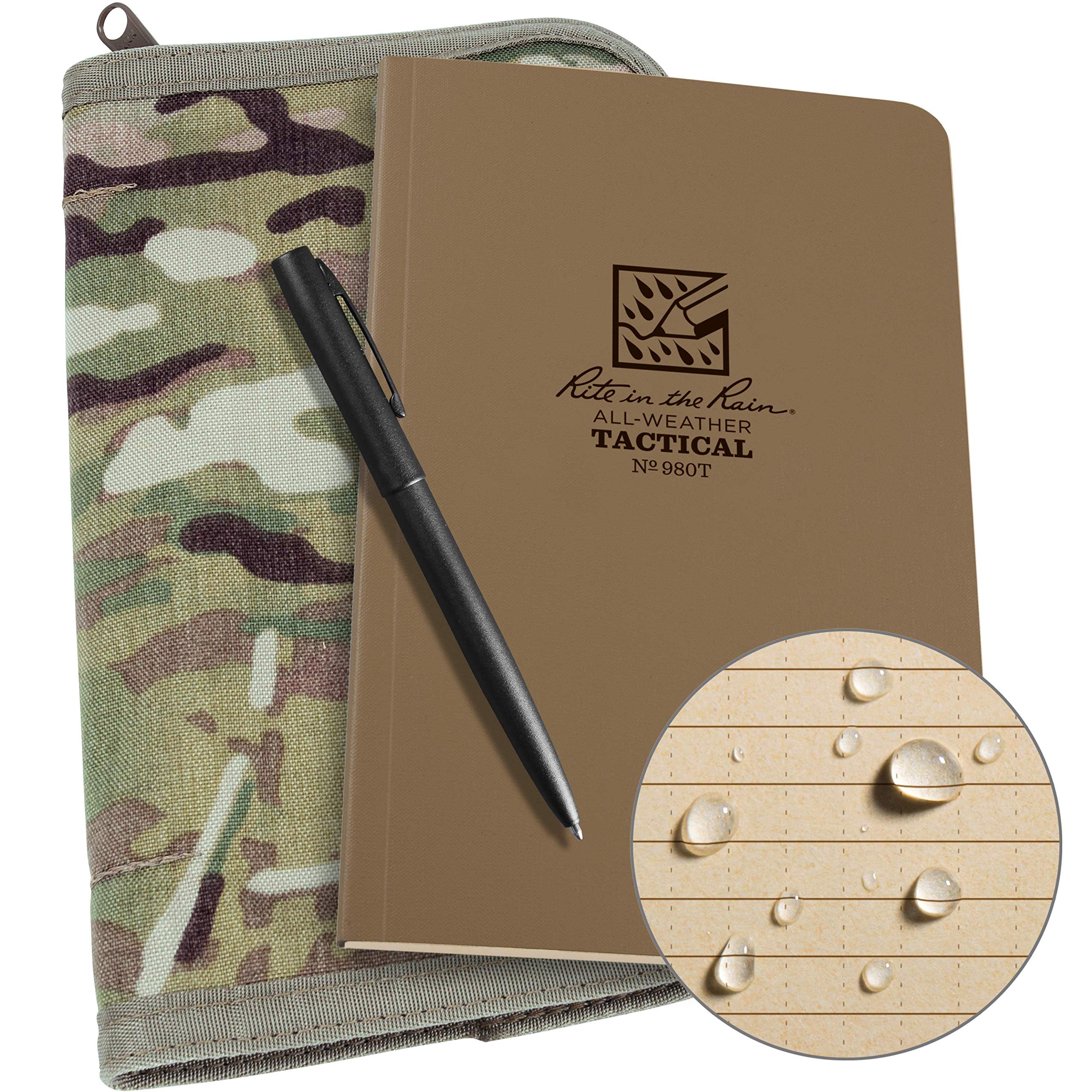 Rite In The Rain Weatherproof Tactical Field Kit: Multicam Cordura Fabric Cover, 4.625' X 7.25' Tan Tactical Notebook, Weather