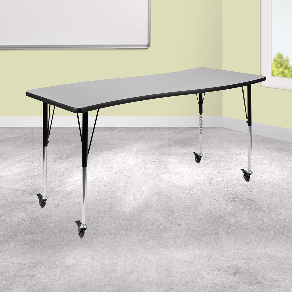 Flash Furniture Mobile 26"W x 60"L Rectangular Wave Collaborative Grey Thermal Laminate Activity Table - Standard Height Adjustable Legs