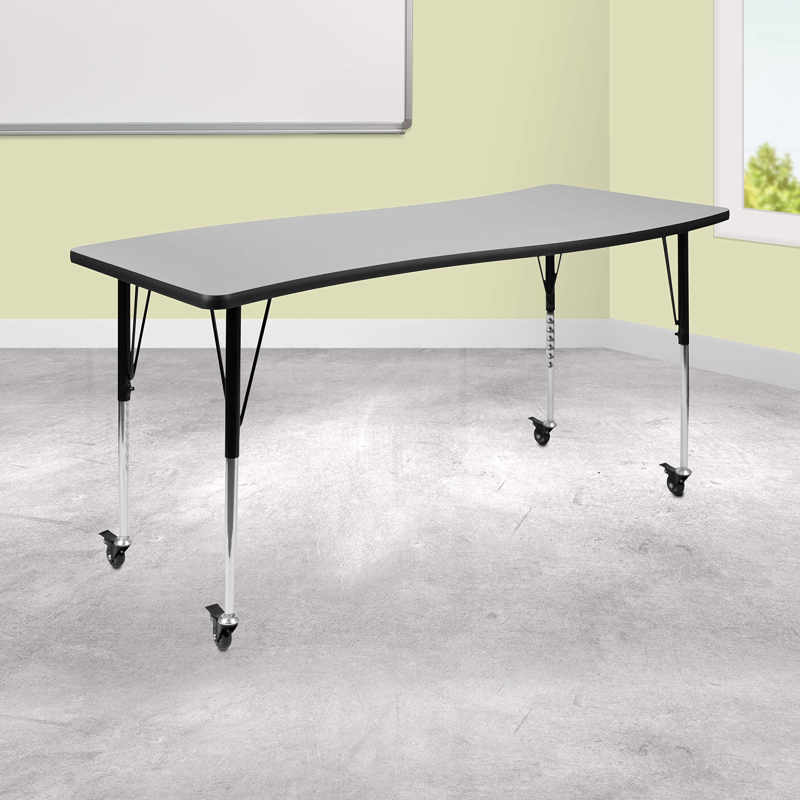 Flash Furniture Mobile 26"W x 60"L Rectangular Wave Collaborative Grey Thermal Laminate Activity Table - Standard Height Adjustable Legs