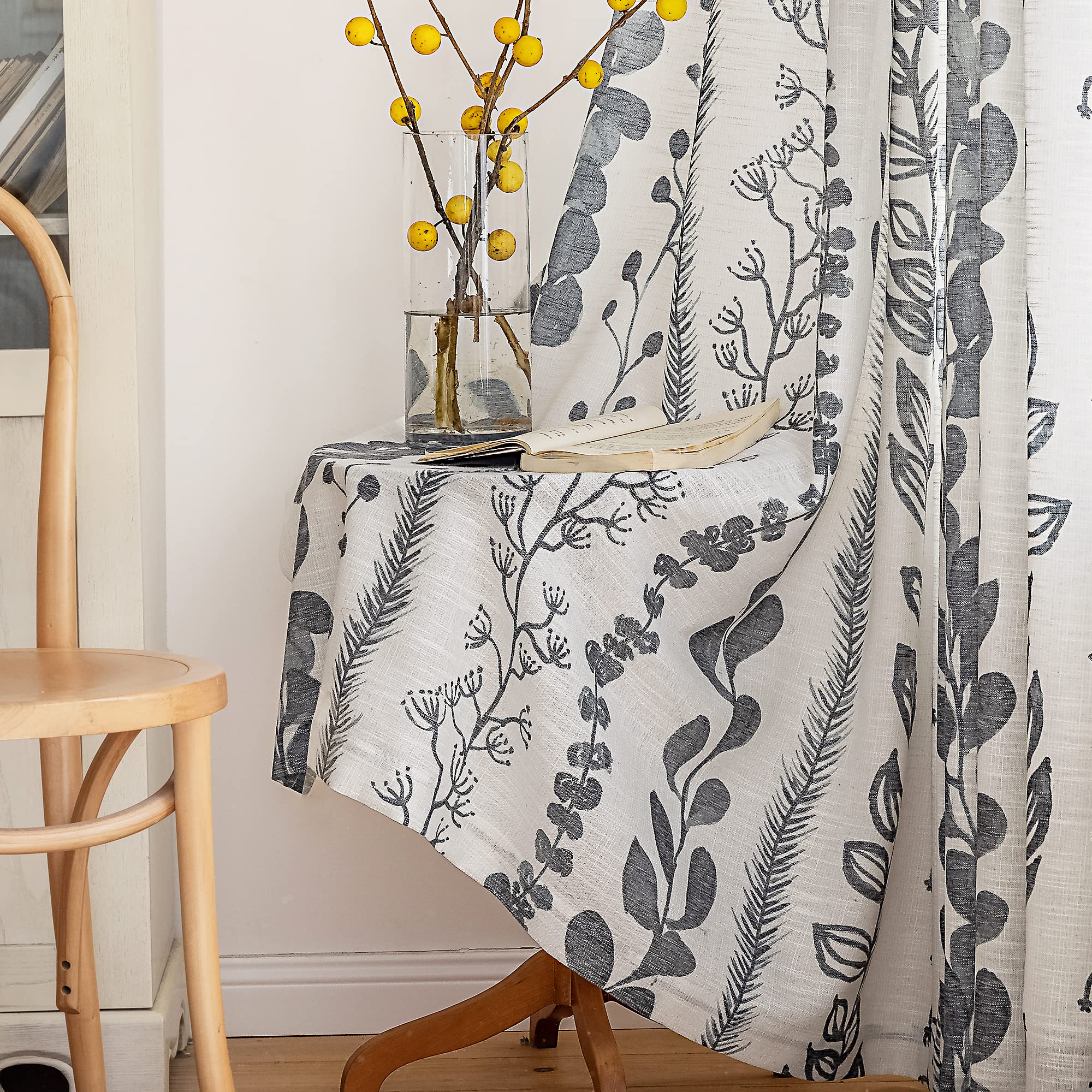 Meetsky Cotton Curtains 95 Inches Length For Living Room Boho Light Filtering Window Leaf Print Classical Drapes Back Tab Bohemi