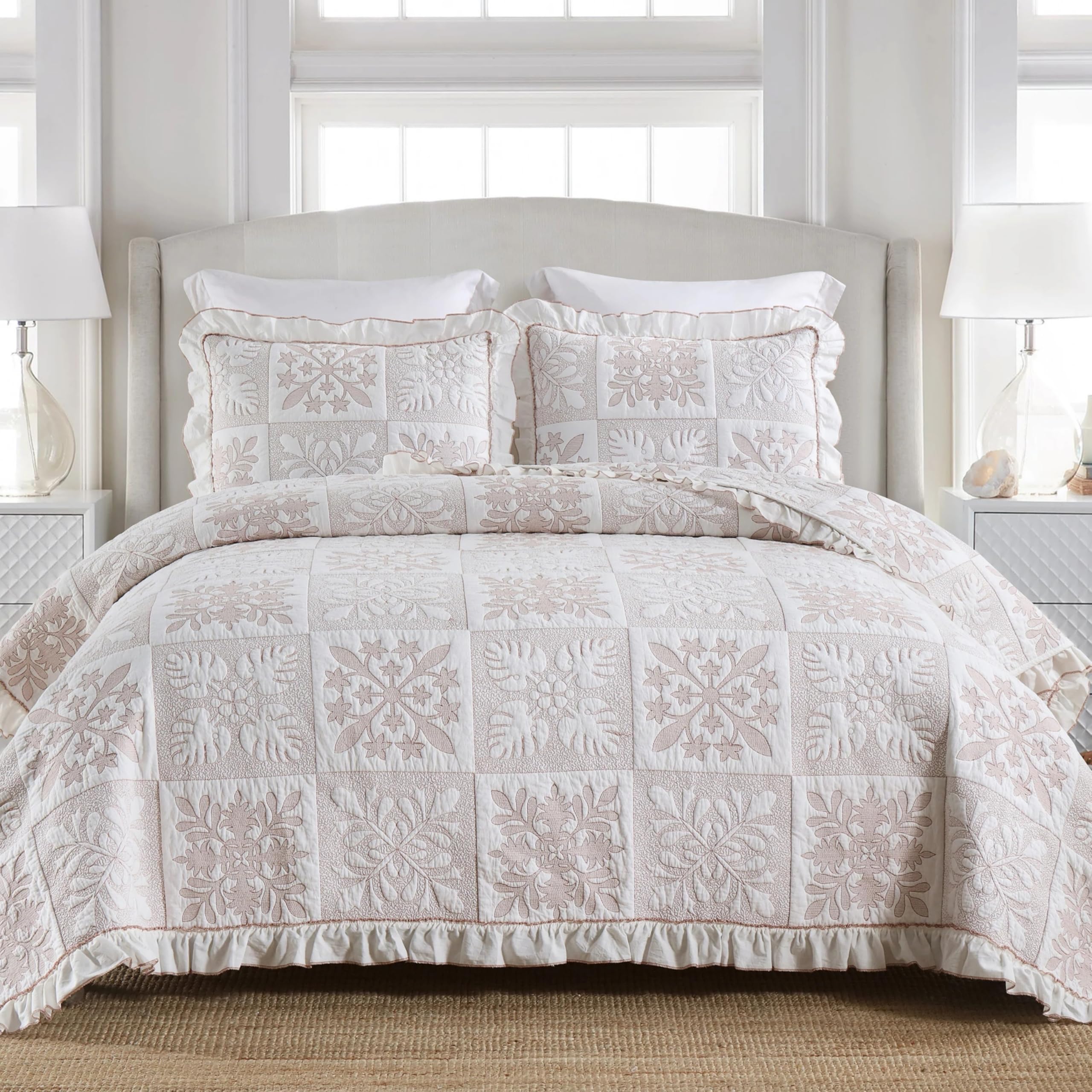 Marcielo 3-Piece 100% Cotton Oversized Bedspread Lightweight Quilt Coverlet Embroidery Farmhouse Bedding Set (Tj Beige, Queen (1
