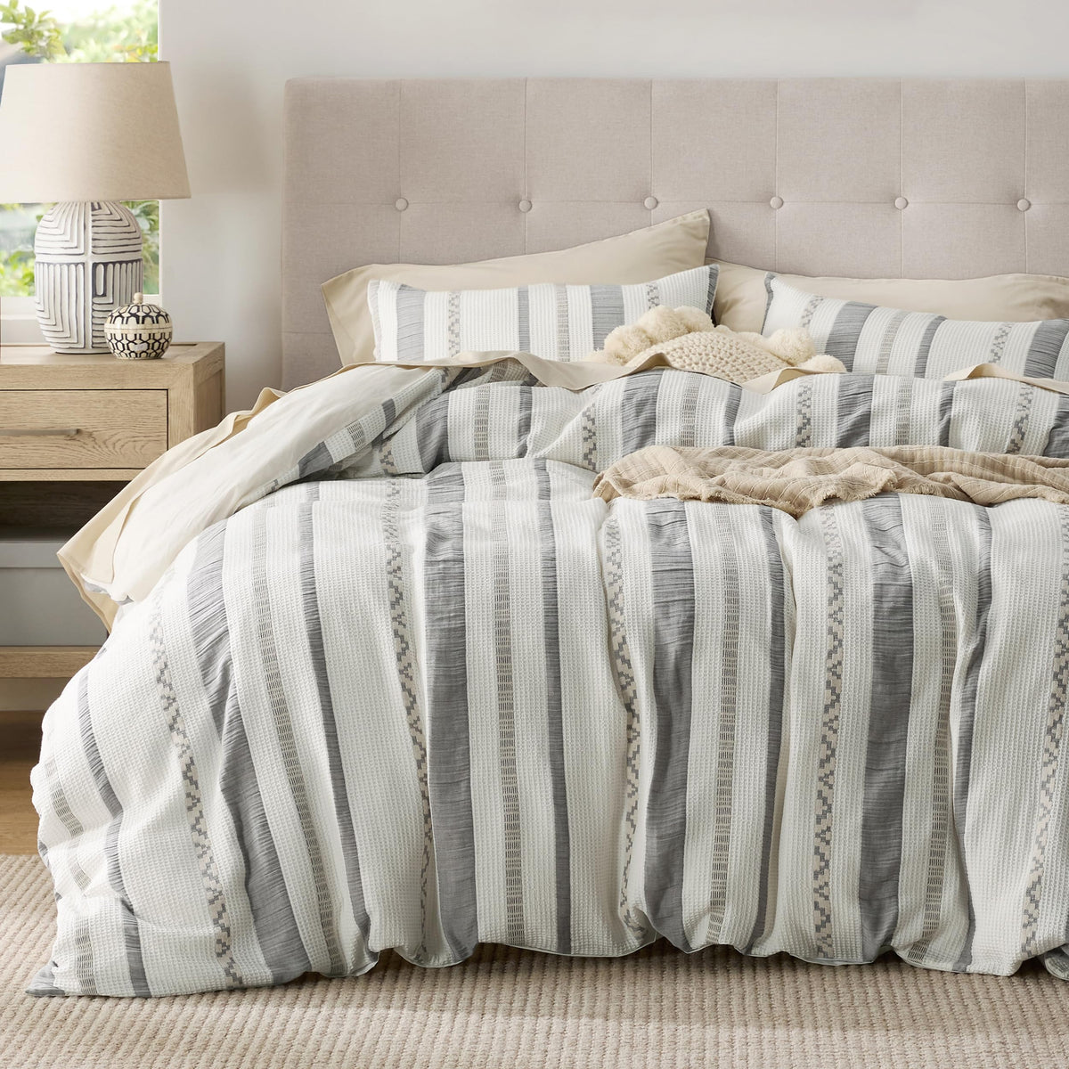 Bedsure Waffle Weave Duvet Cover Queen - 100% Cotton Boho Duvet Cover With 2 Pillowcases - Cream White Textured Comforter Cover