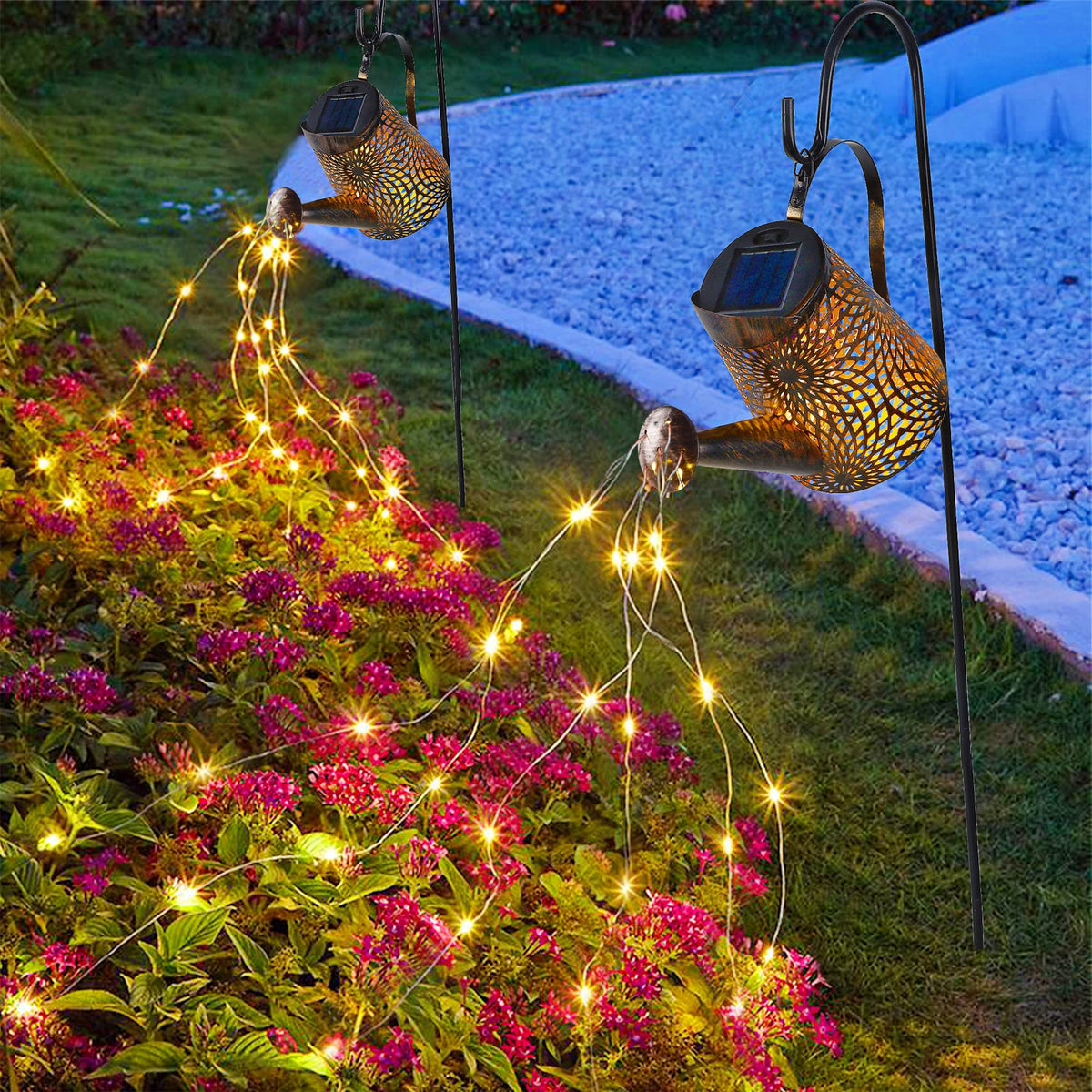 Glintoper 2 Pack Outdoor Solar Watering Can Garden Lights, Metal Waterfall Figurine Lights With Shepherd Hook, Decorative Yard A