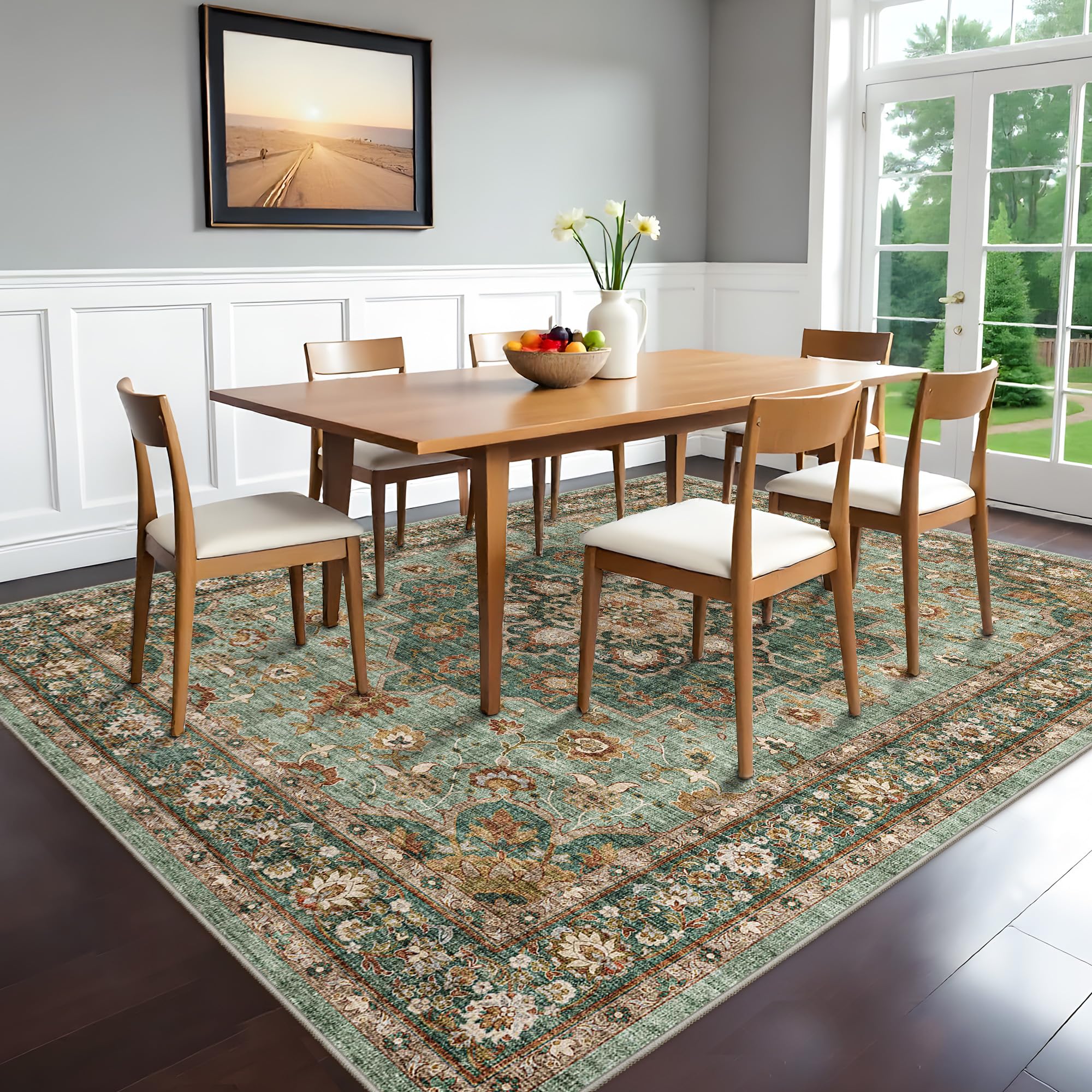Dining Room Rugs for Under Table - Washable Green 6x8 Area Rug for Living Room Bedroom Soft Low Pile Non Slip Stain Resistant Ca