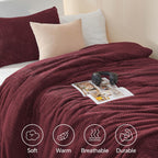 Chixpace Fluffy Twin Comforter Set - Furry Burgundy Leaves Pattern Faux Fur Bed Set, Winter Ultra Soft Fuzzy Comfort Set, Velvet