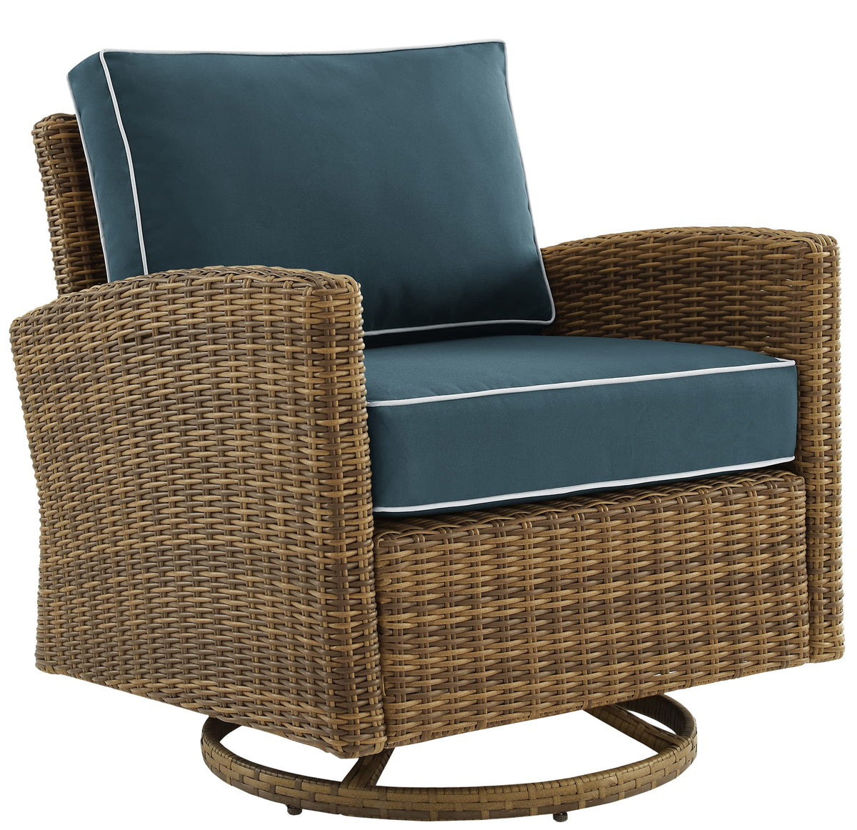 Crosley Furniture Bradenton Swivel Rocker Outdoor Chair, Wicker Patio Chairs for Porch, Deck, Balcony, Brown with Navy Cushions