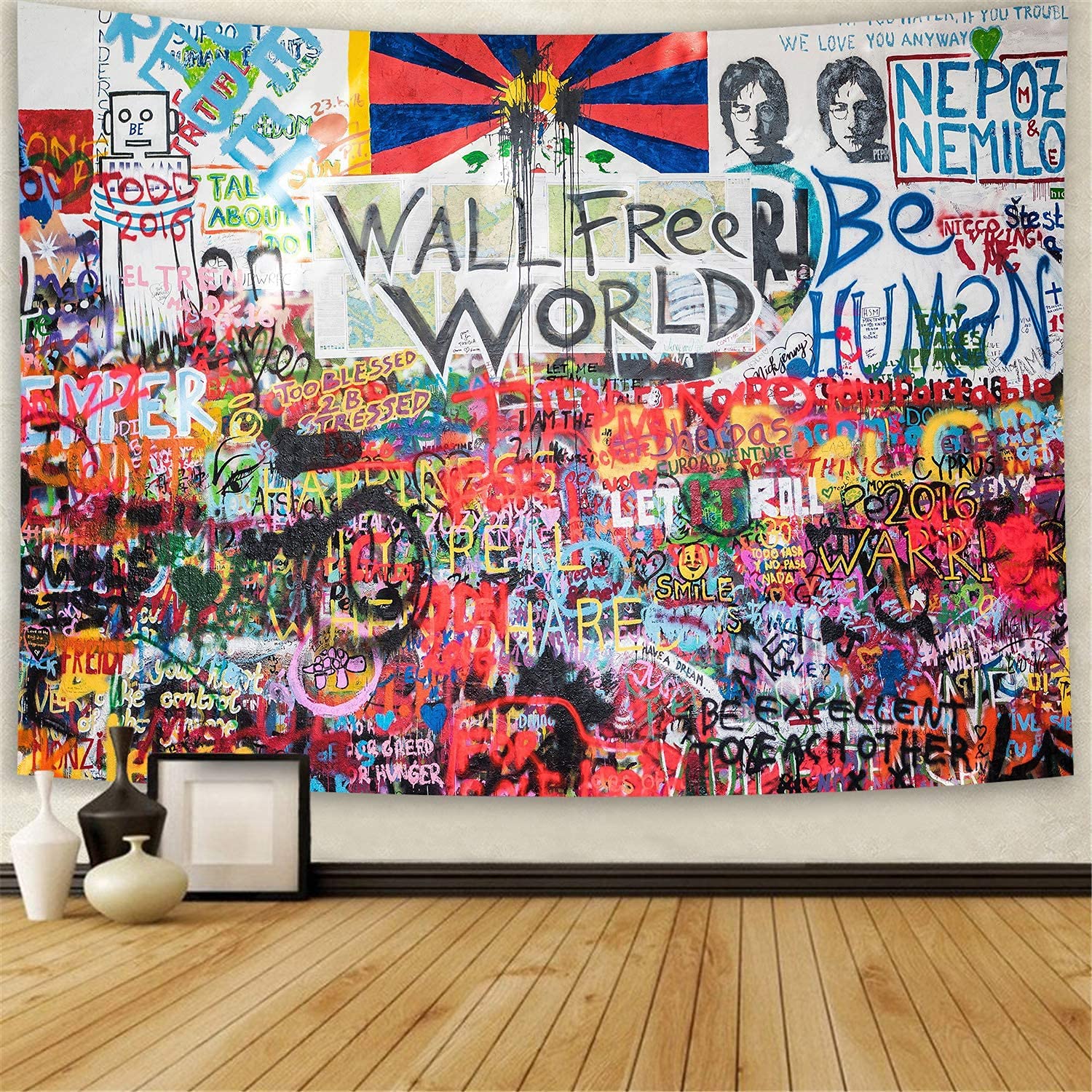Simsant Hippie Doodle Wall Tapestry Rock Band Love And Peace Graffiti Art Hippie Tapestry Wall Hanging Backdrop 80X60Inches For