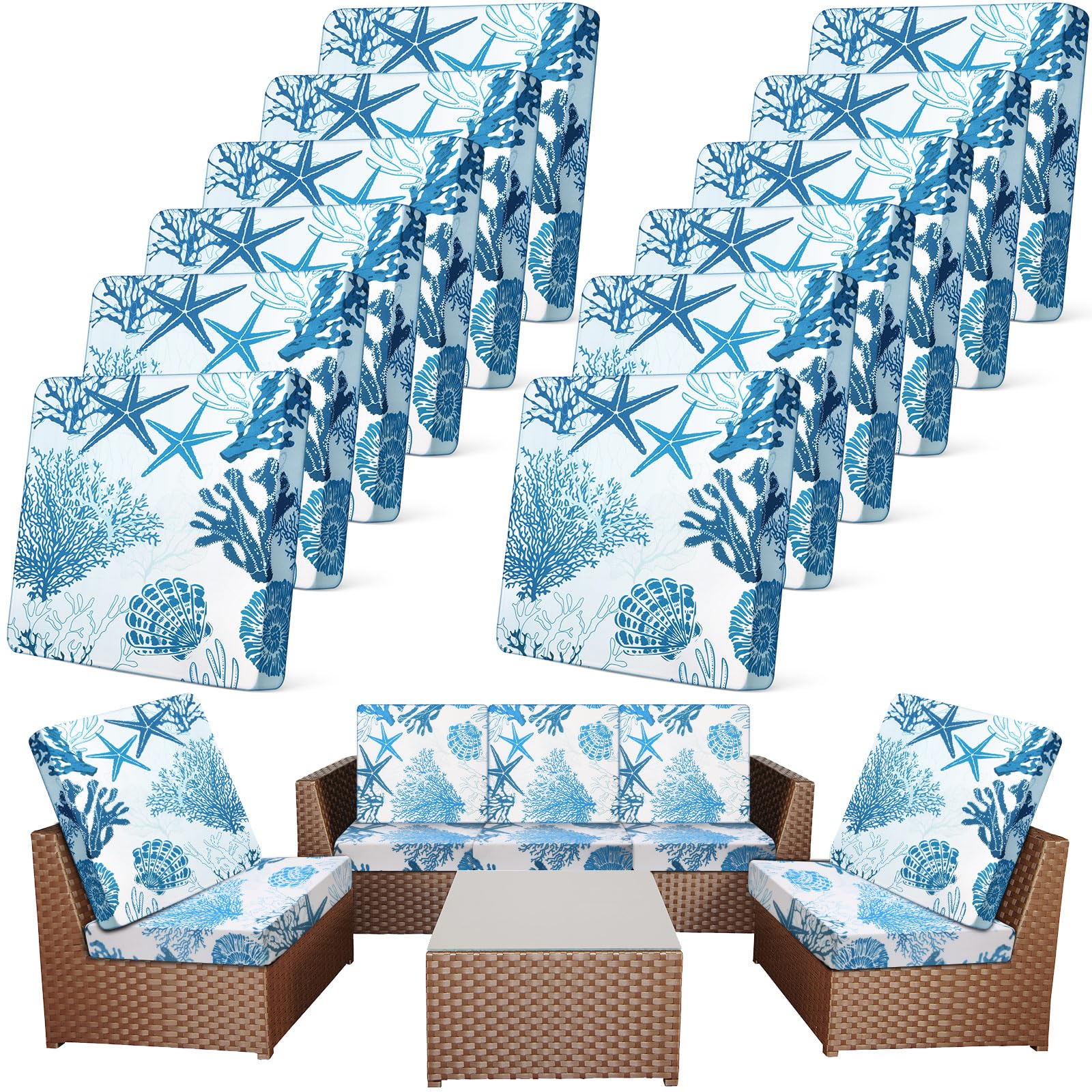 Newwiee 12 Pcs Patio Stretch Sofa Cushion Covers Outdoor Cushion Cover Replacement Couch Slipcover Sofa Seat Cover Flexibility Chair Cushion Cover Porch Patio Furniture Protector (Light Blue,Ocean)