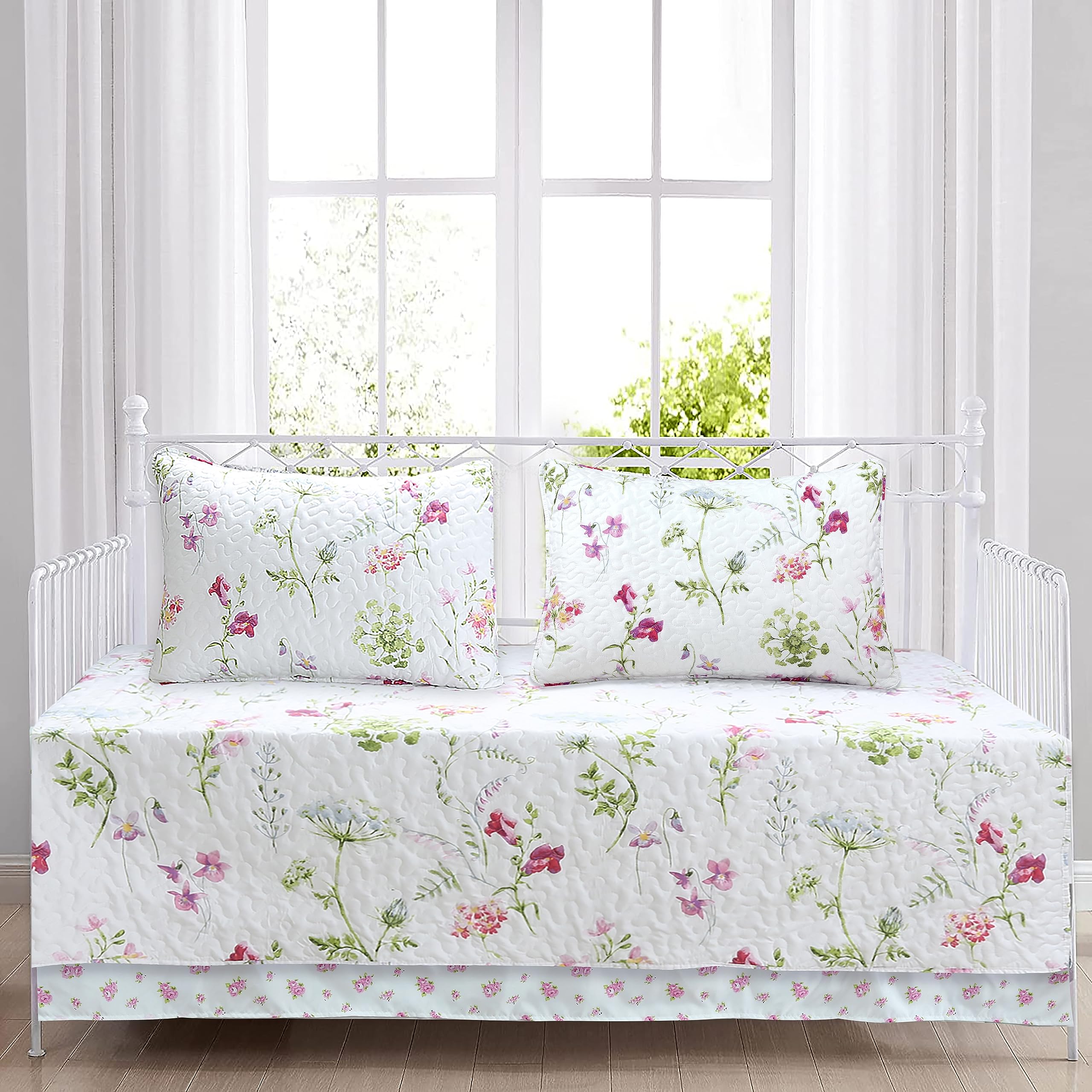 Cozy Line 4 Piece Daybed Cover Set - Carlotta Light Pink Blue Flower Bloom Floral Garden Reversible All Season Luxury Bedding Wi