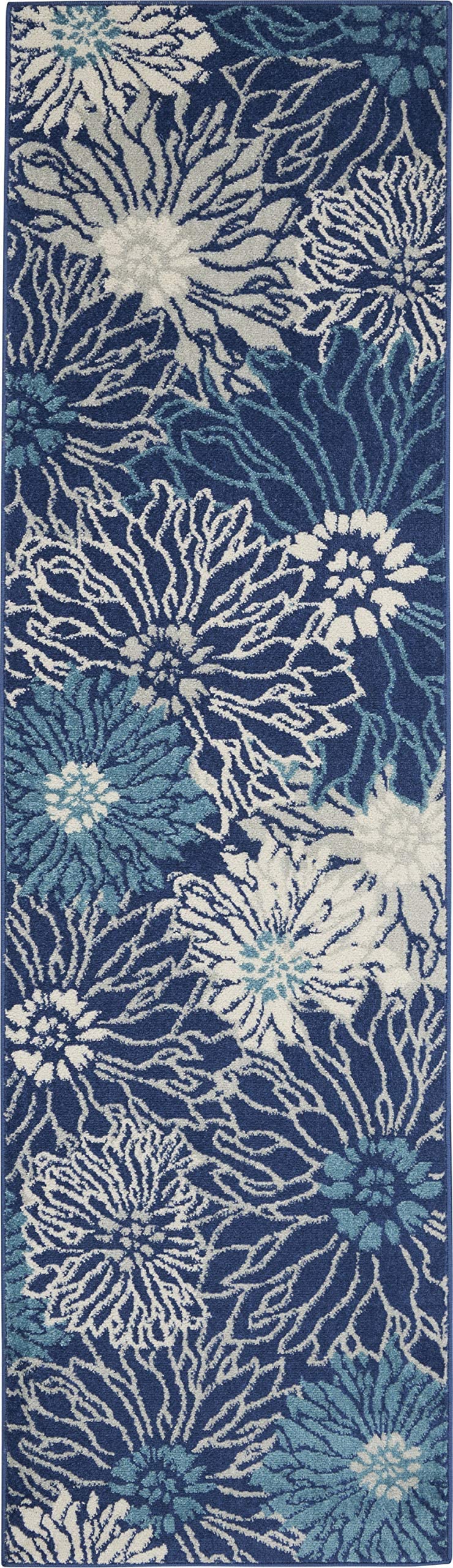 Nourison Passion Navy/Ivory 2'2' X 7'6' Area Rug, Floral, Farmhouse, Easy Cleaning, Non Shedding, Bed Room, Living Room, Dinin